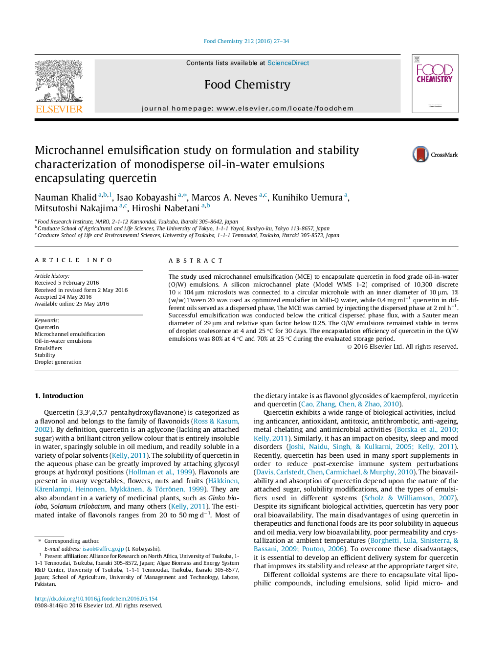 Microchannel emulsification study on formulation and stability characterization of monodisperse oil-in-water emulsions encapsulating quercetin