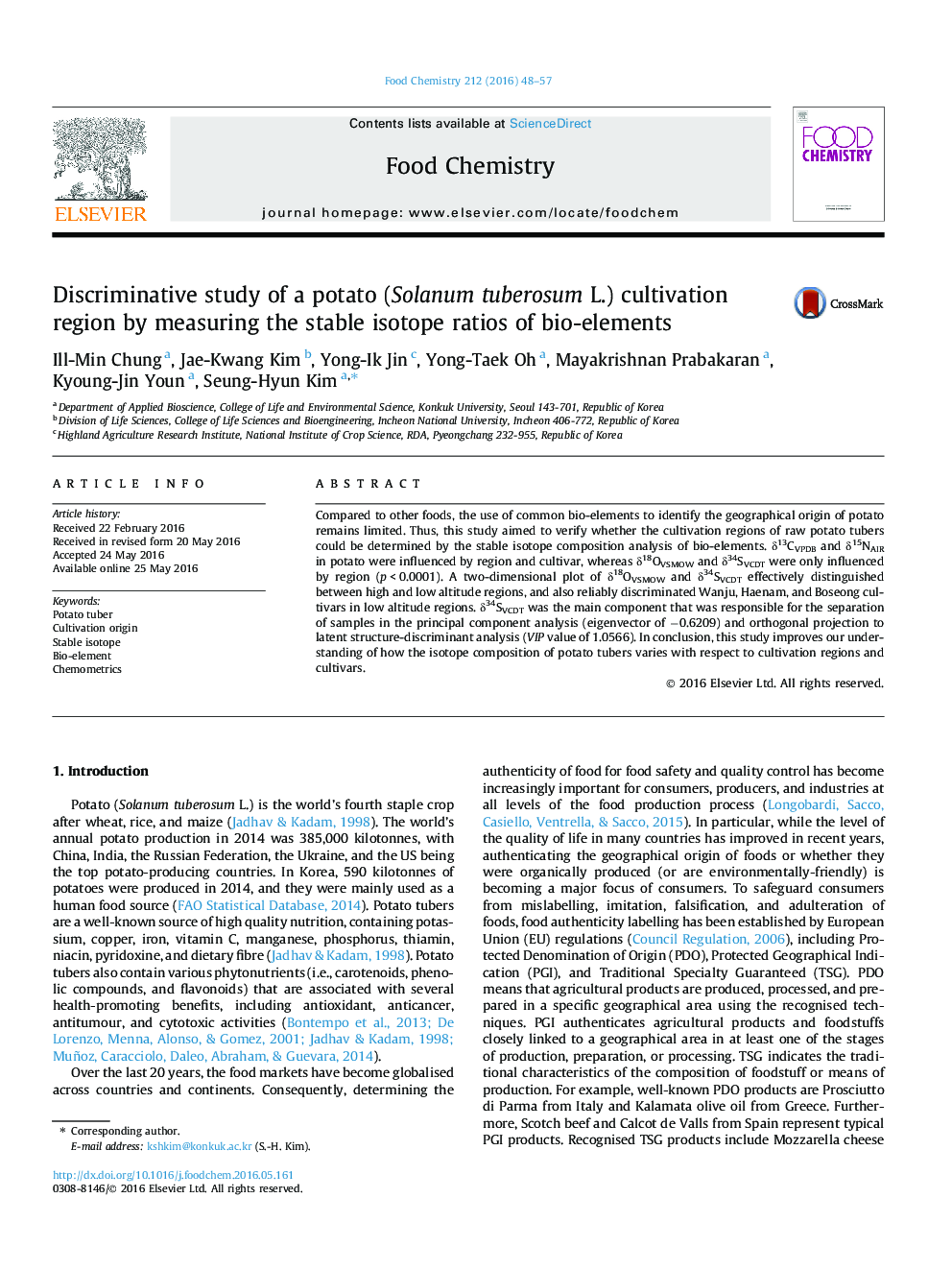 Discriminative study of a potato (Solanum tuberosum L.) cultivation region by measuring the stable isotope ratios of bio-elements