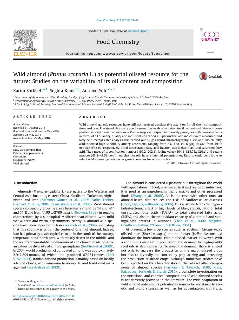 Wild almond (Prunus scoparia L.) as potential oilseed resource for the future: Studies on the variability of its oil content and composition