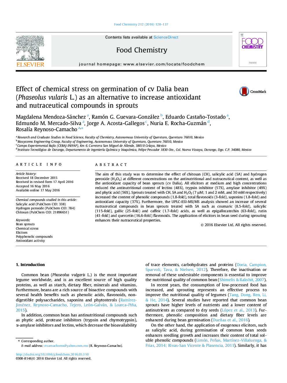 Effect of chemical stress on germination of cv Dalia bean (Phaseolus vularis L.) as an alternative to increase antioxidant and nutraceutical compounds in sprouts