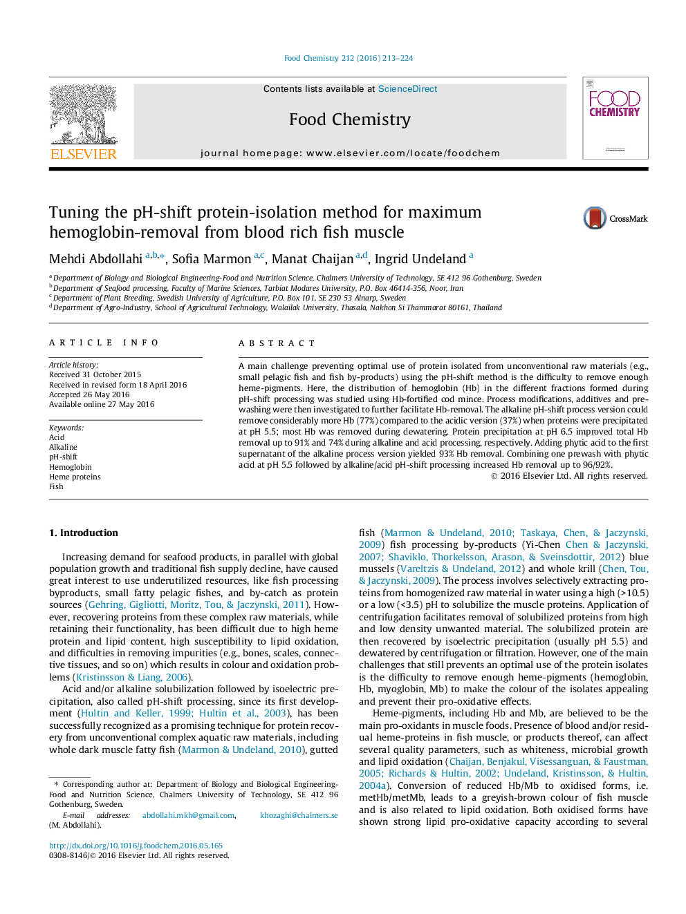 عکس صفحه اول مقاله: Tuning the pH-shift protein-isolation method for maximum hemoglobin-removal from blood rich fish muscle Tuning the pH-shift protein-isolation method for maximum hemoglobin-removal from blood rich fish muscle