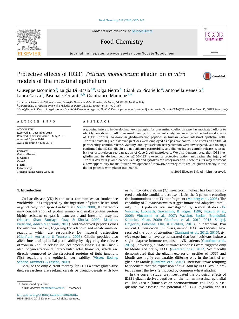 Protective effects of ID331 Triticum monococcum gliadin on in vitro models of the intestinal epithelium