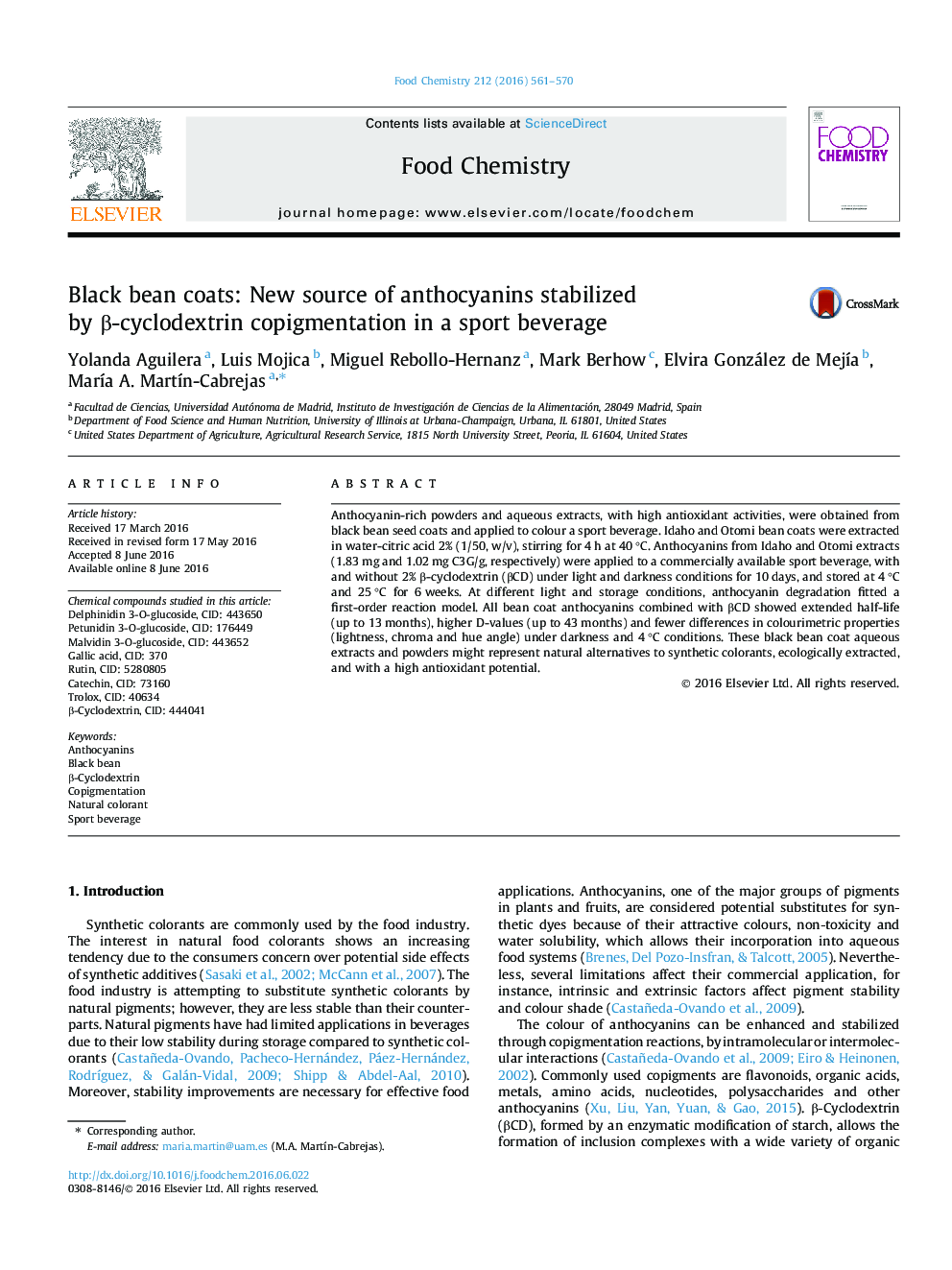 Black bean coats: New source of anthocyanins stabilized by β-cyclodextrin copigmentation in a sport beverage