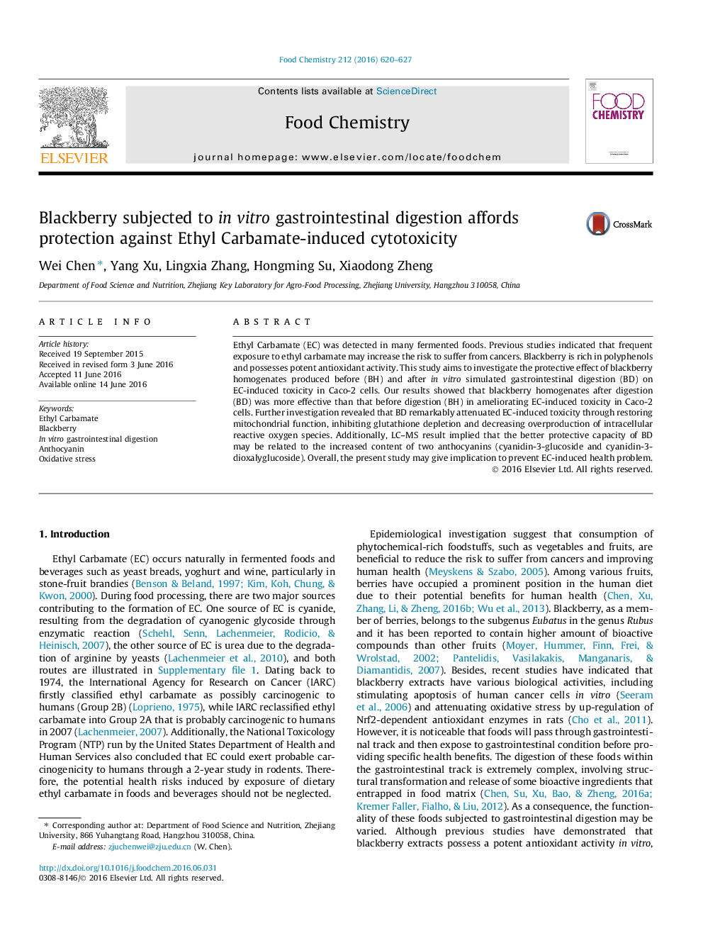 Blackberry subjected to in vitro gastrointestinal digestion affords protection against Ethyl Carbamate-induced cytotoxicity