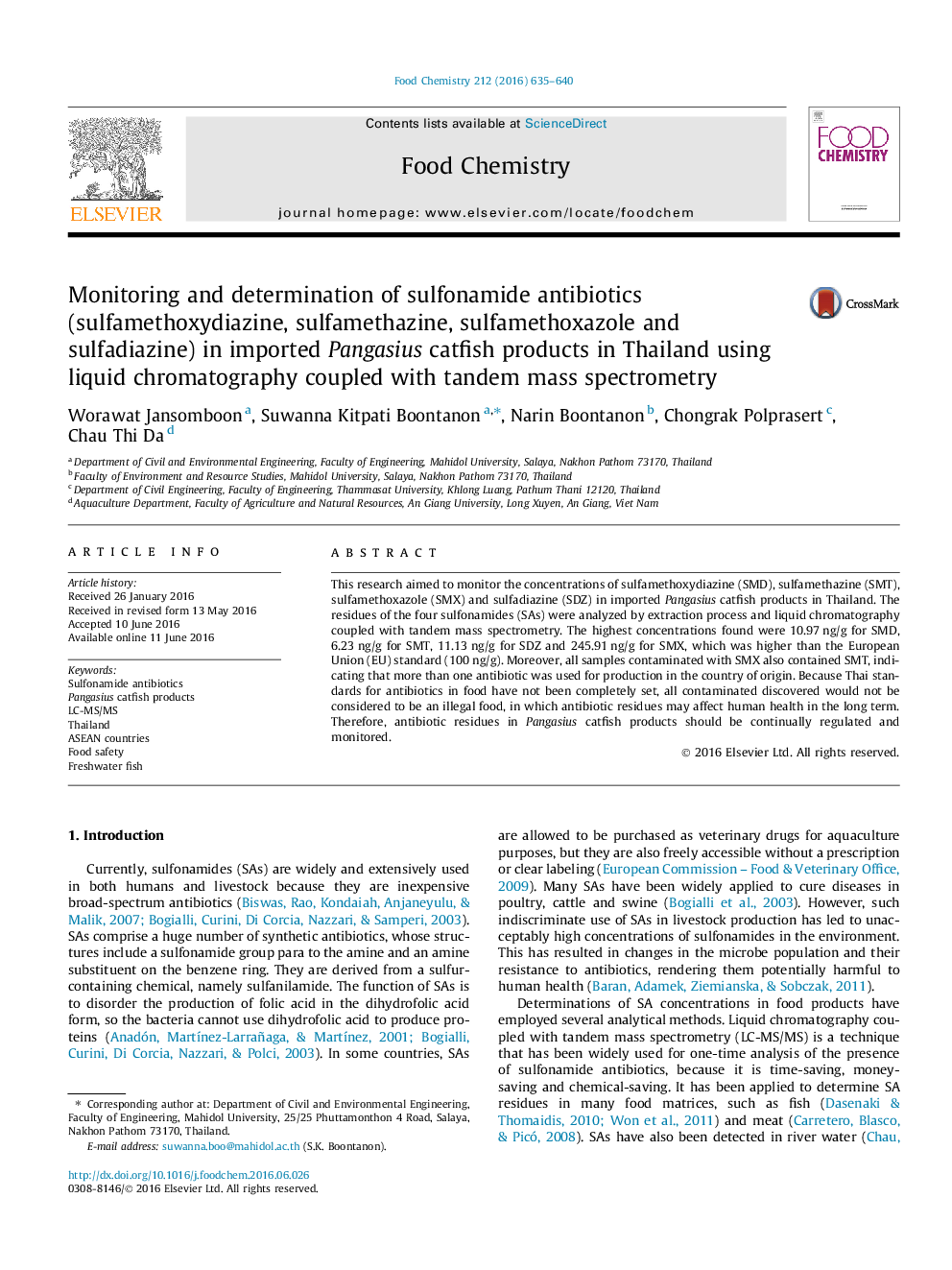 Monitoring and determination of sulfonamide antibiotics (sulfamethoxydiazine, sulfamethazine, sulfamethoxazole and sulfadiazine) in imported Pangasius catfish products in Thailand using liquid chromatography coupled with tandem mass spectrometry