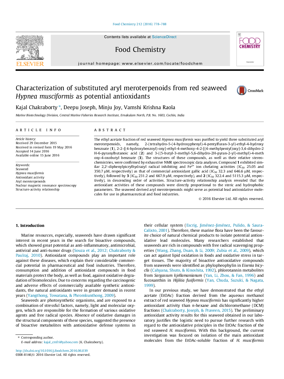 Characterization of substituted aryl meroterpenoids from red seaweed Hypnea musciformis as potential antioxidants