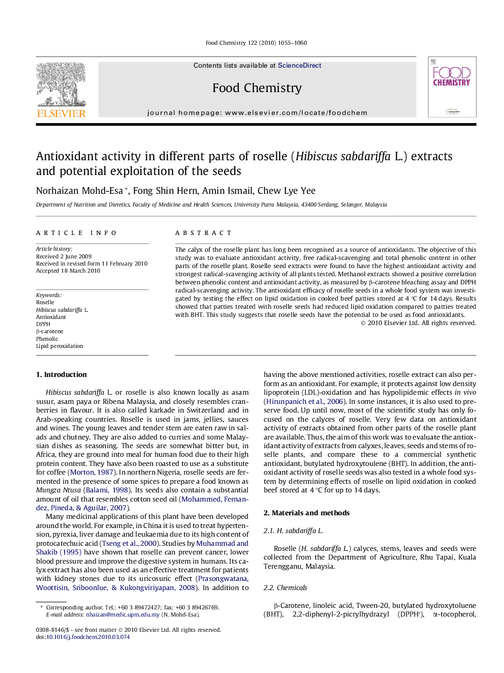 Antioxidant activity in different parts of roselle (Hibiscus sabdariffa L.) extracts and potential exploitation of the seeds