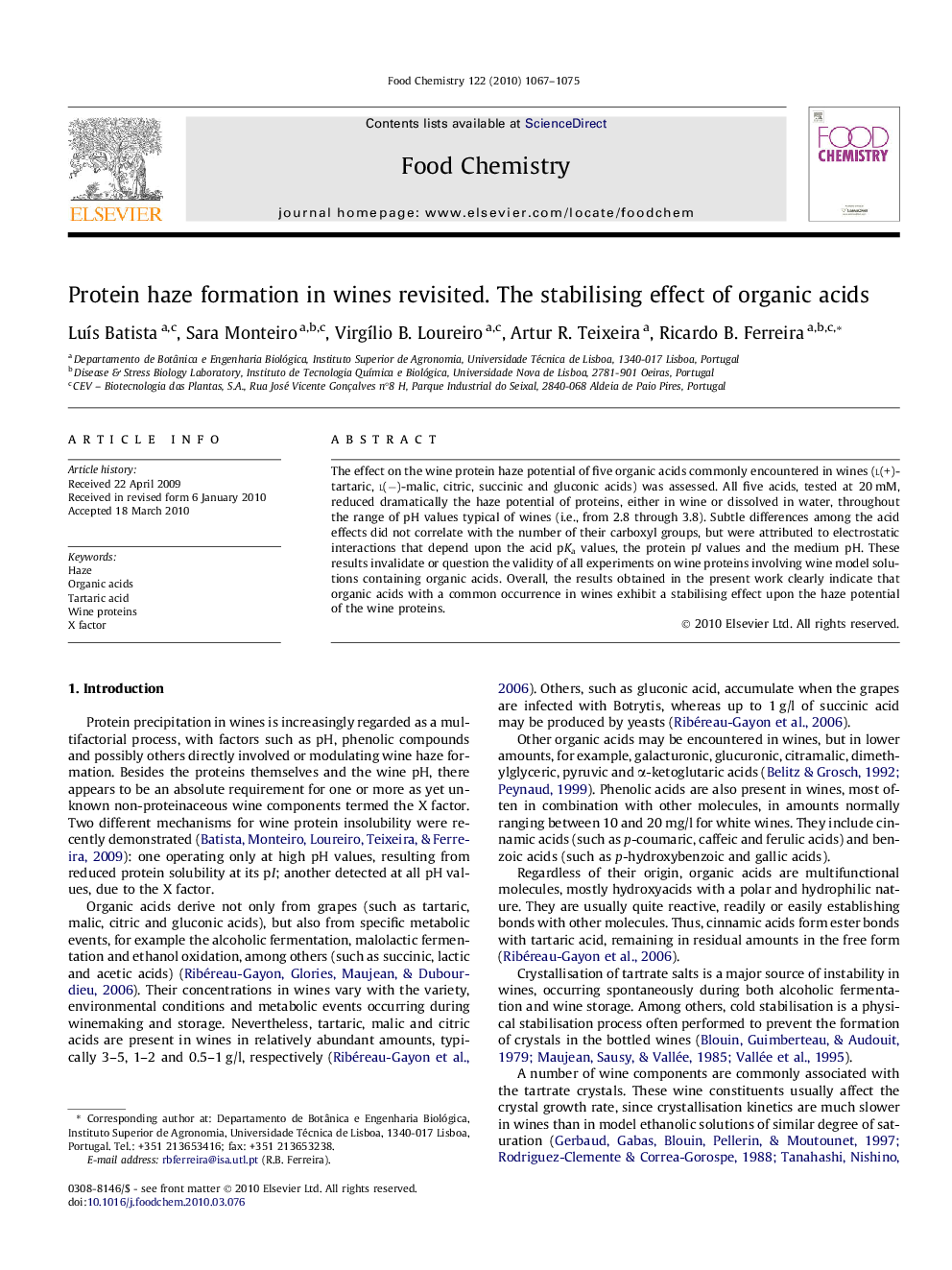 عکس صفحه اول مقاله: Protein haze formation in wines revisited. The stabilising effect of organic acids Protein haze formation in wines revisited. The stabilising effect of organic acids