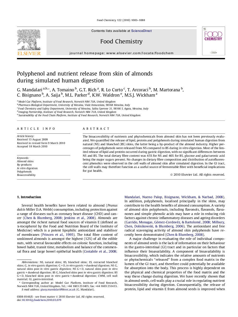 عکس صفحه اول مقاله: Polyphenol and nutrient release from skin of almonds during simulated human digestion Polyphenol and nutrient release from skin of almonds during simulated human digestion
