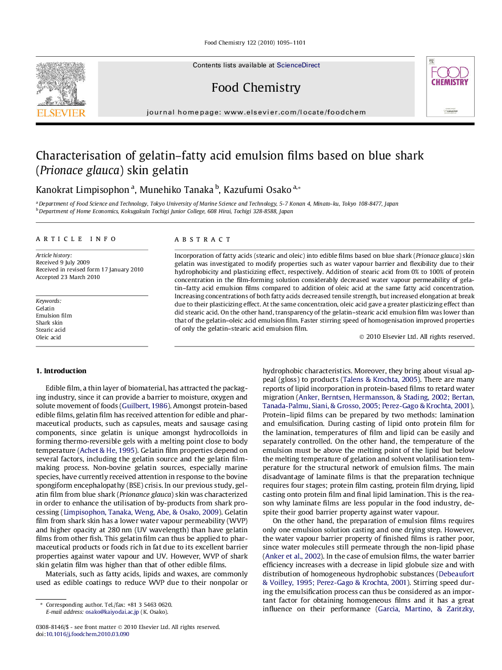 Characterisation of gelatin–fatty acid emulsion films based on blue shark (Prionace glauca) skin gelatin