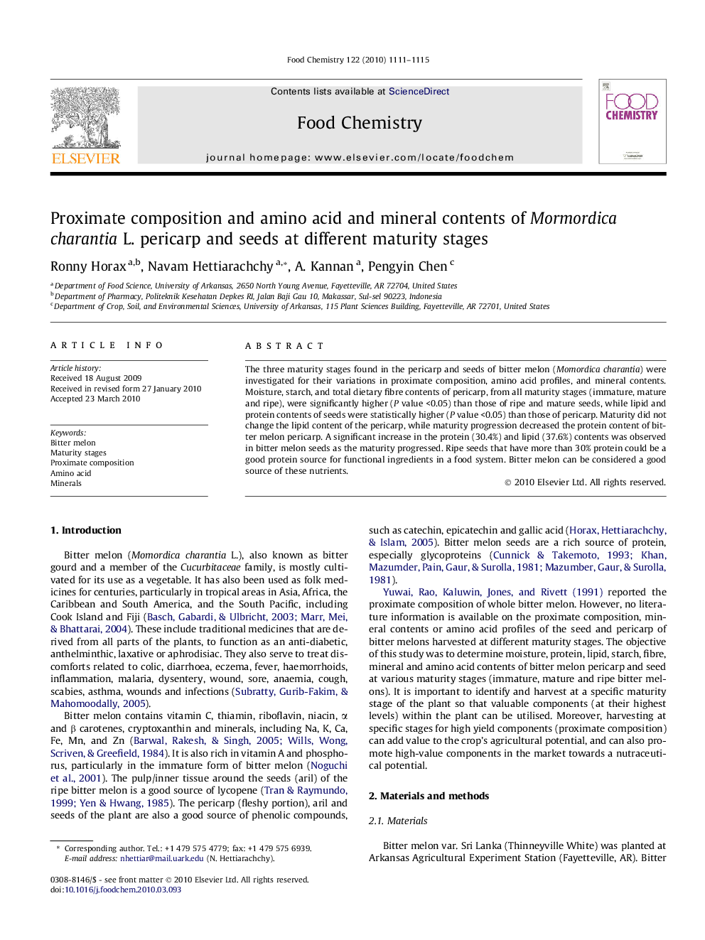 Proximate composition and amino acid and mineral contents of Mormordica charantia L. pericarp and seeds at different maturity stages