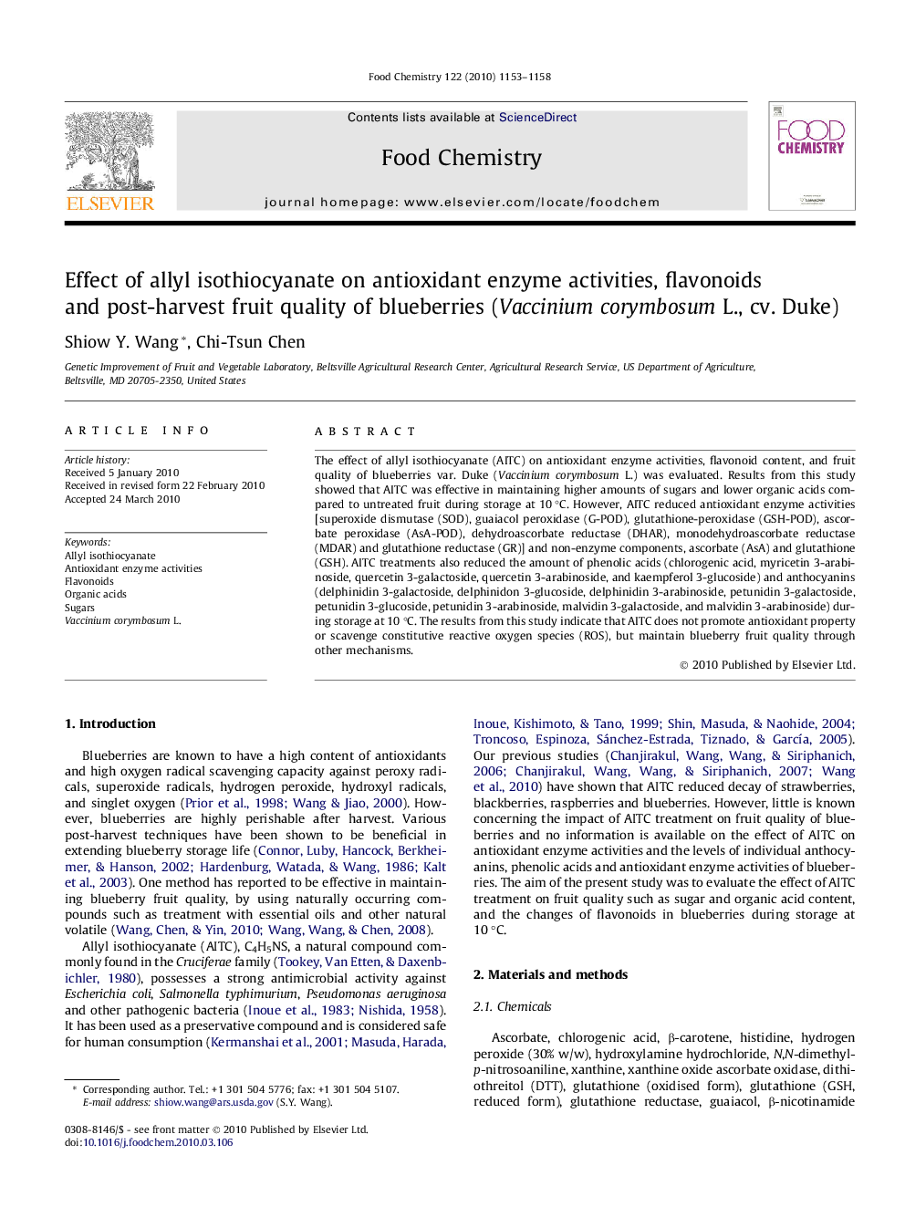 Effect of allyl isothiocyanate on antioxidant enzyme activities, flavonoids and post-harvest fruit quality of blueberries (Vaccinium corymbosum L., cv. Duke)