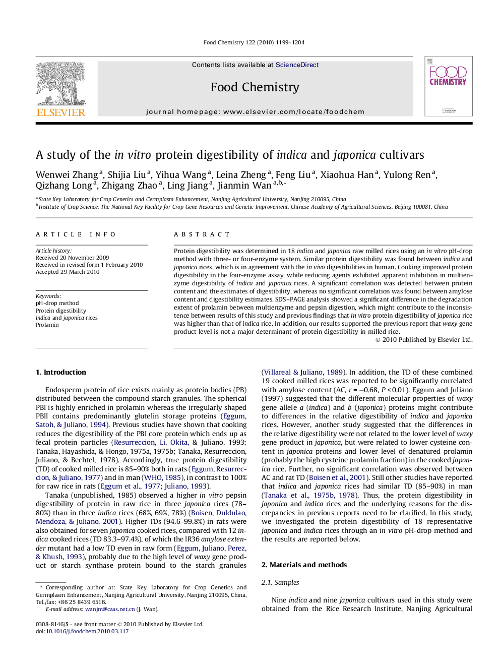 A study of the in vitro protein digestibility of indica and japonica cultivars