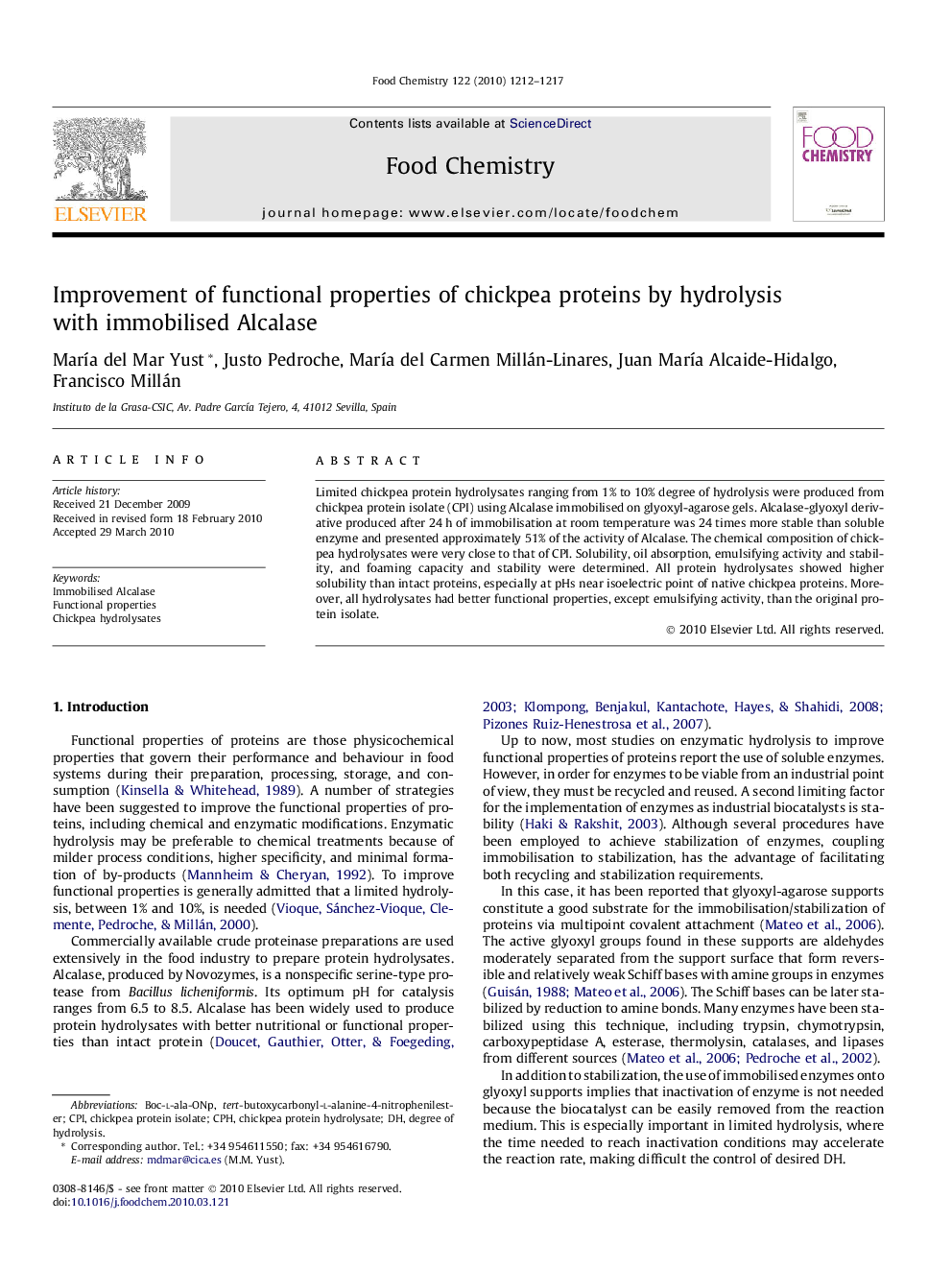 Improvement of functional properties of chickpea proteins by hydrolysis with immobilised Alcalase