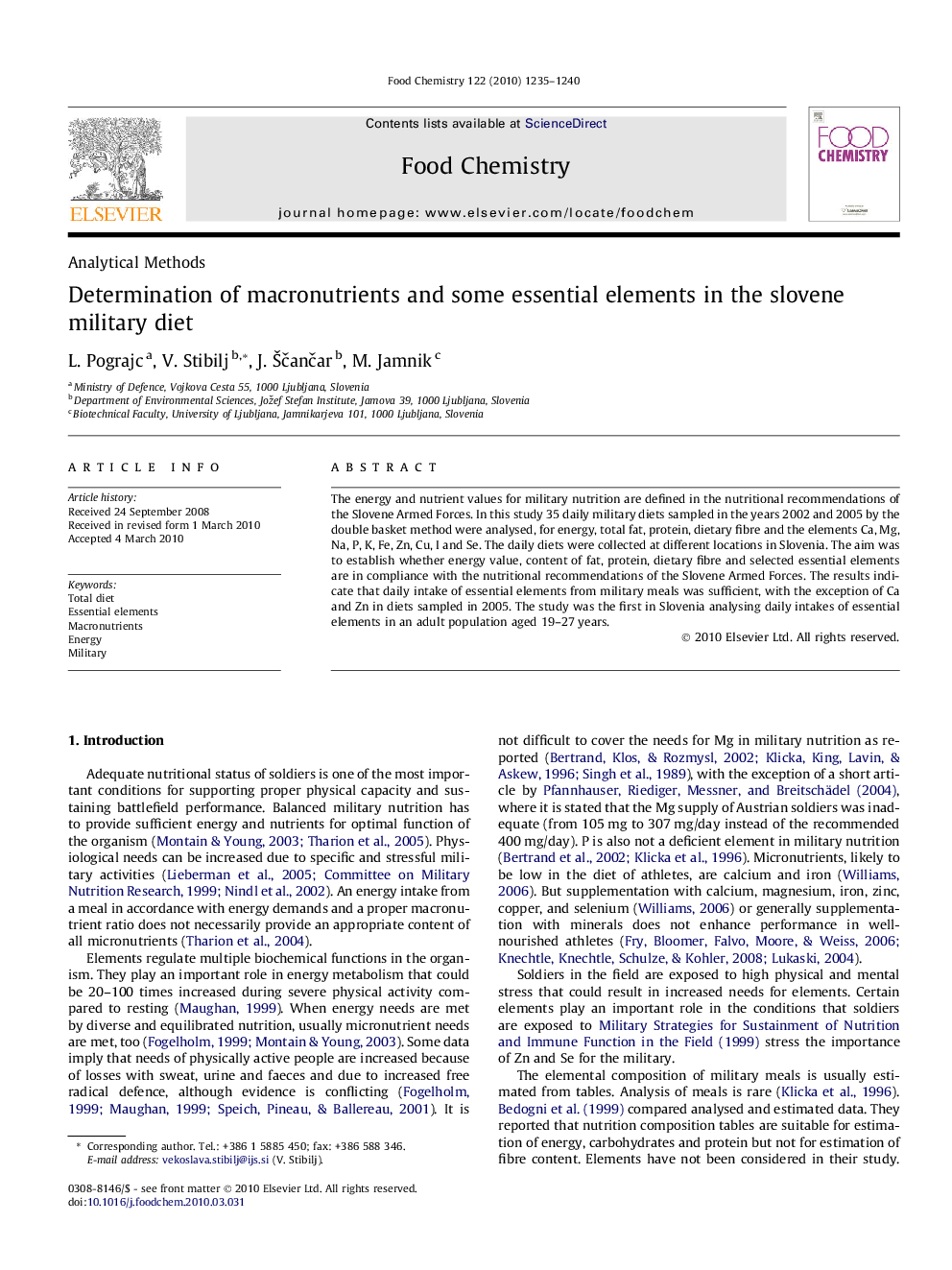 Determination of macronutrients and some essential elements in the slovene military diet