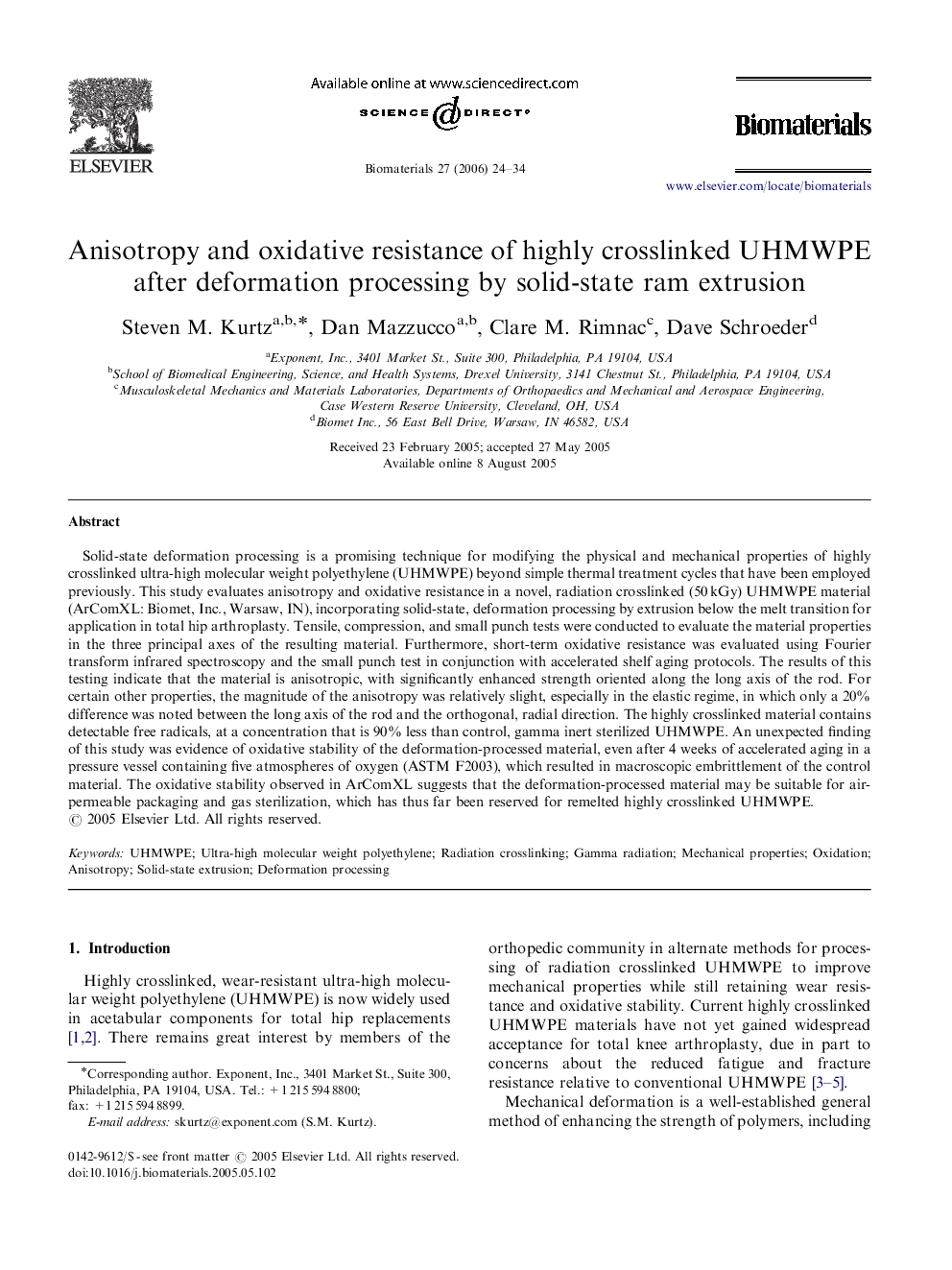 Anisotropy and oxidative resistance of highly crosslinked UHMWPE after deformation processing by solid-state ram extrusion