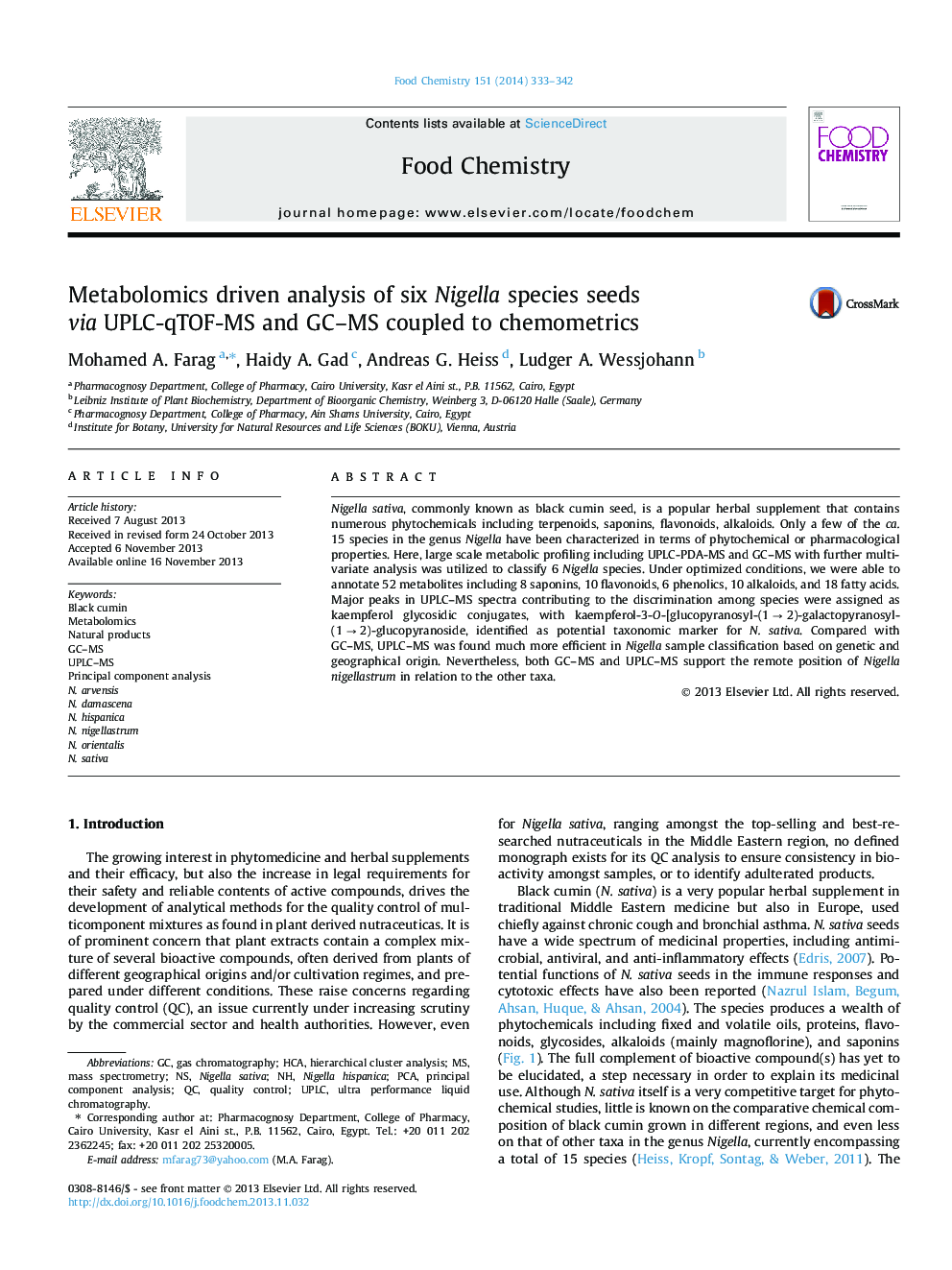 Metabolomics driven analysis of six Nigella species seeds via UPLC-qTOF-MS and GC–MS coupled to chemometrics