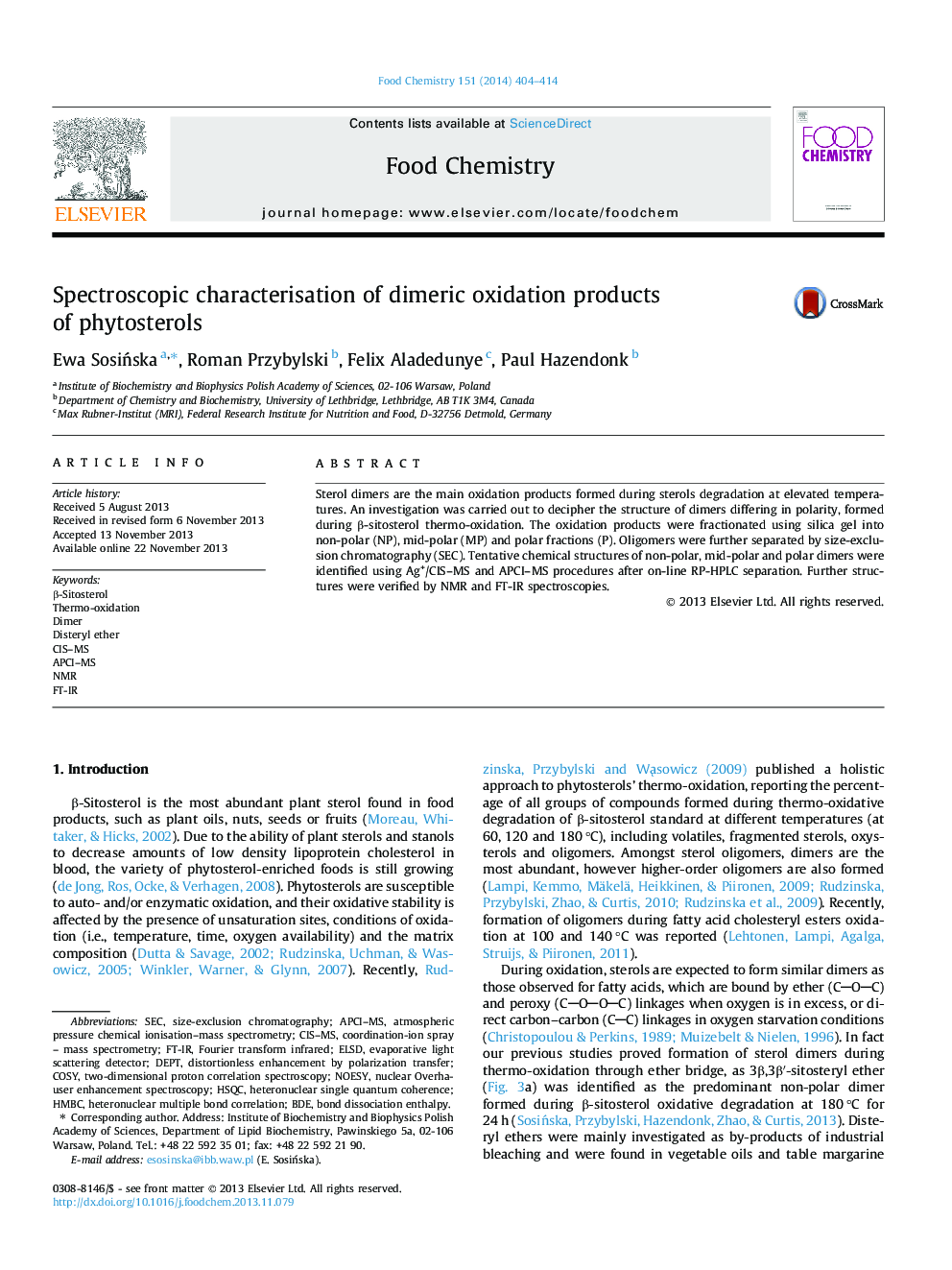 Spectroscopic characterisation of dimeric oxidation products of phytosterols