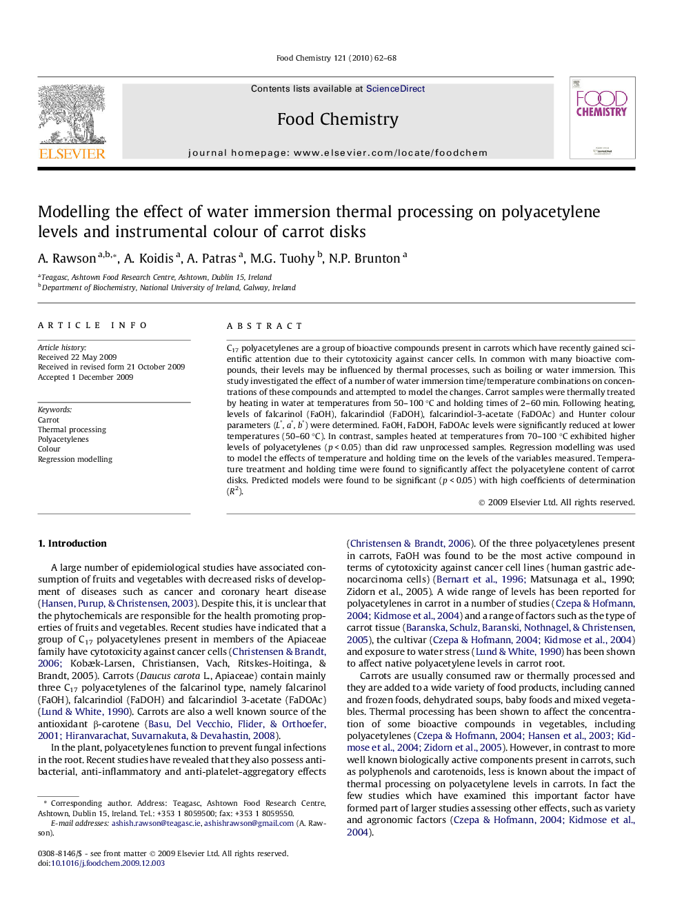 Modelling the effect of water immersion thermal processing on polyacetylene levels and instrumental colour of carrot disks