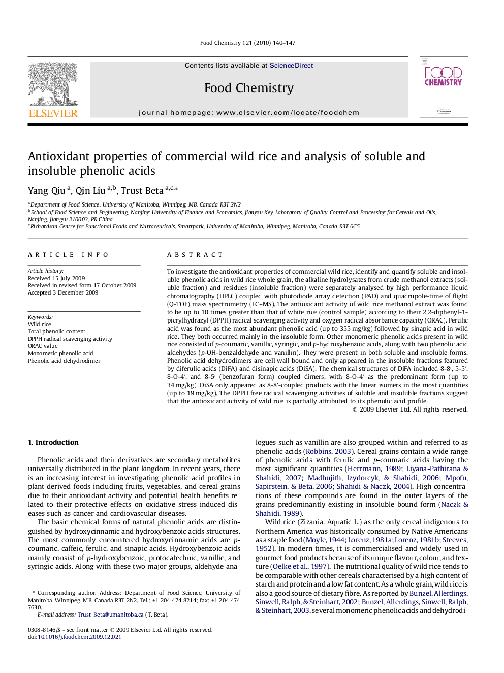 Antioxidant properties of commercial wild rice and analysis of soluble and insoluble phenolic acids