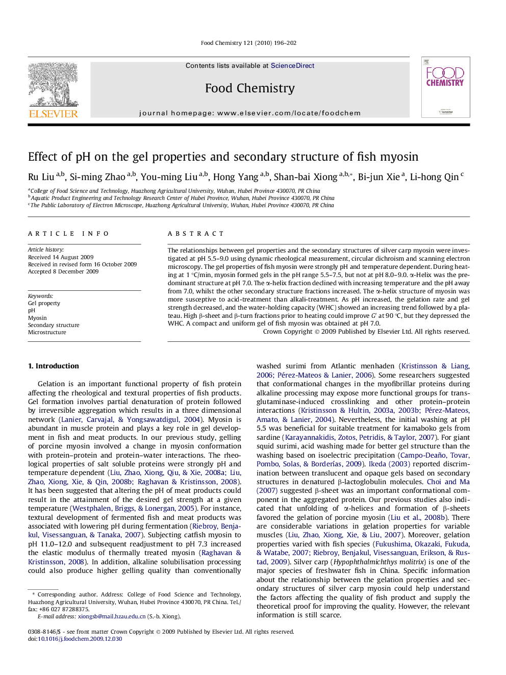 Effect of pH on the gel properties and secondary structure of fish myosin