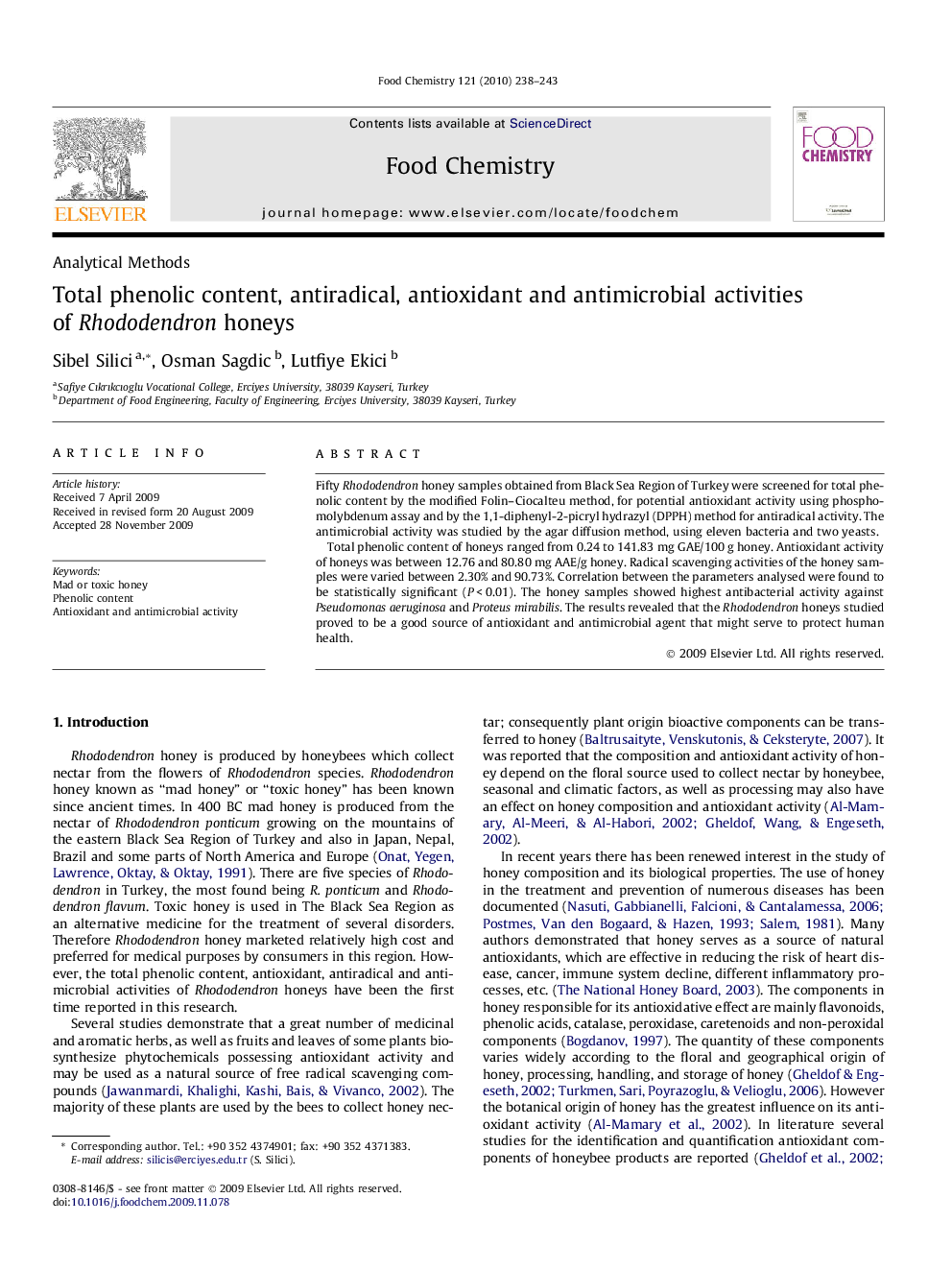 Total phenolic content, antiradical, antioxidant and antimicrobial activities of Rhododendron honeys