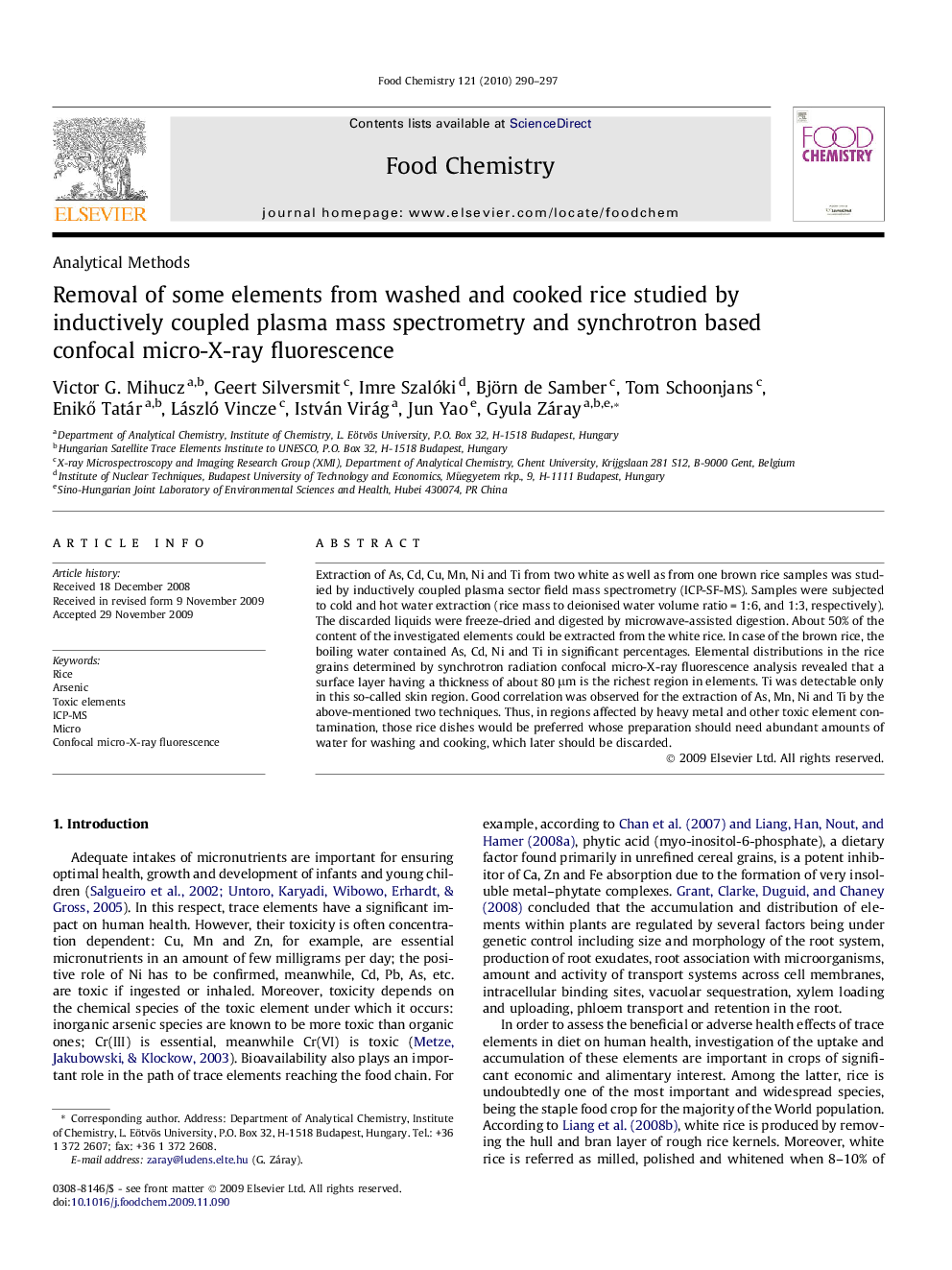 Removal of some elements from washed and cooked rice studied by inductively coupled plasma mass spectrometry and synchrotron based confocal micro-X-ray fluorescence