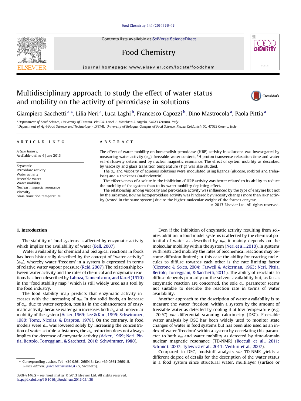 Multidisciplinary approach to study the effect of water status and mobility on the activity of peroxidase in solutions