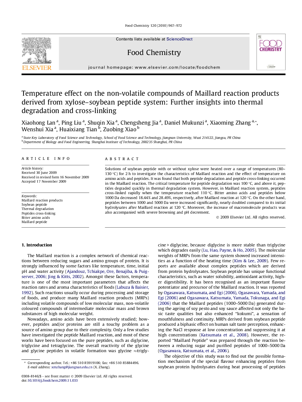 عکس صفحه اول مقاله: Temperature effect on the non-volatile compounds of Maillard reaction products derived from xylose–soybean peptide system: Further insights into thermal degradation and cross-linking Temperature effect on the non-volatile compounds of Maillard reaction products derived from xylose–soybean peptide system: Further insights into thermal degradation and cross-linking