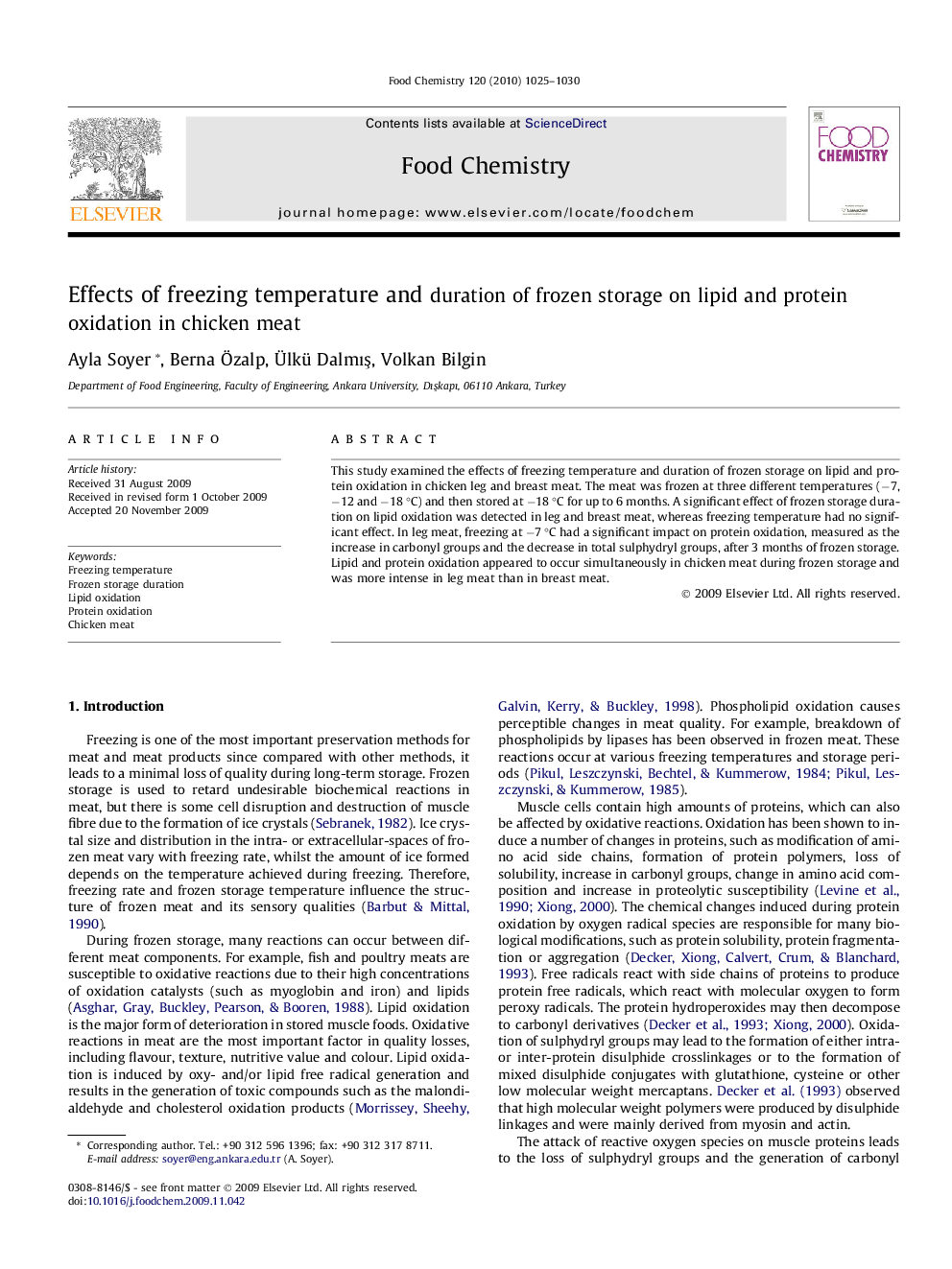 Effects of freezing temperature and duration of frozen storage on lipid and protein oxidation in chicken meat