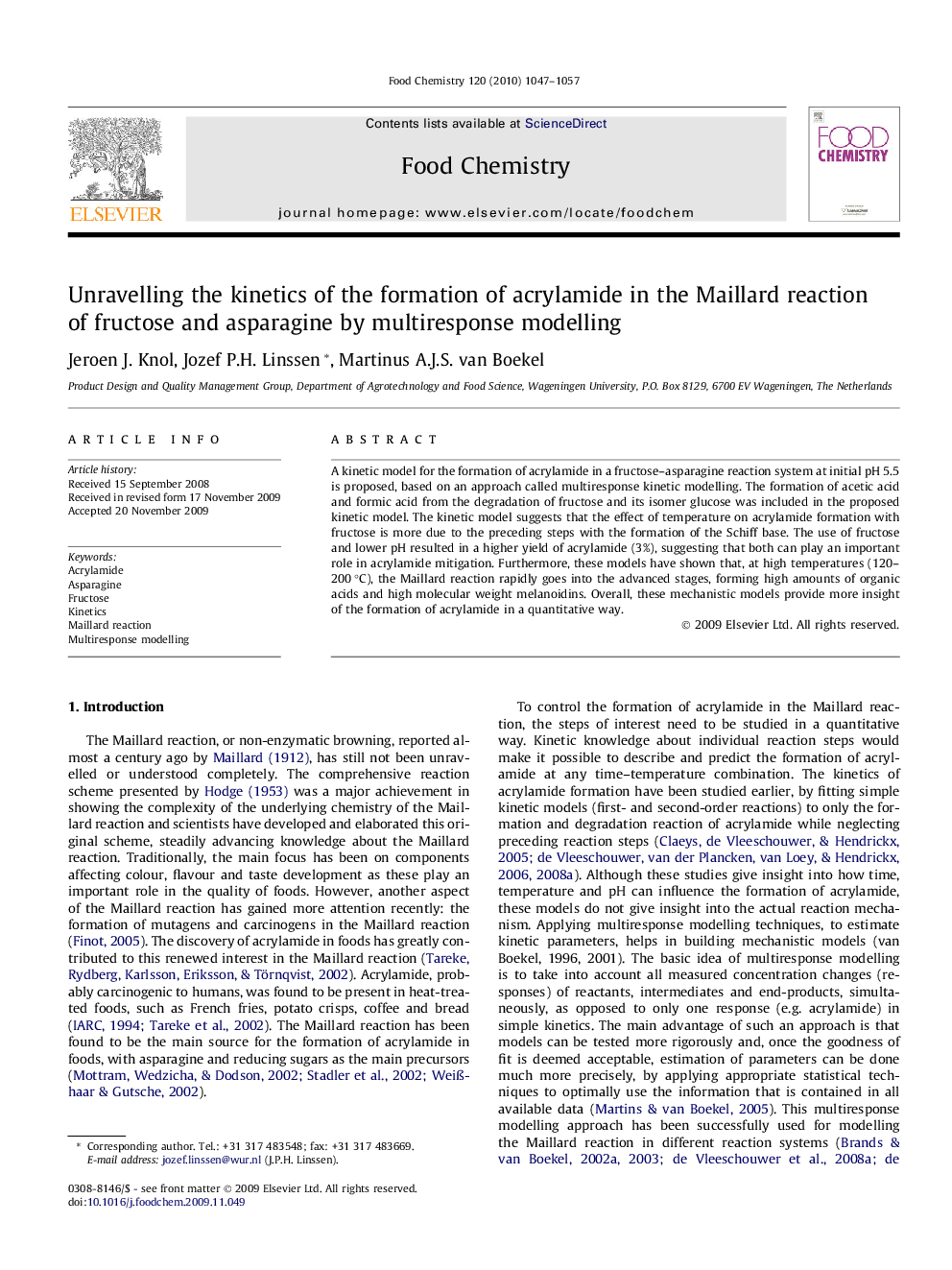 Unravelling the kinetics of the formation of acrylamide in the Maillard reaction of fructose and asparagine by multiresponse modelling