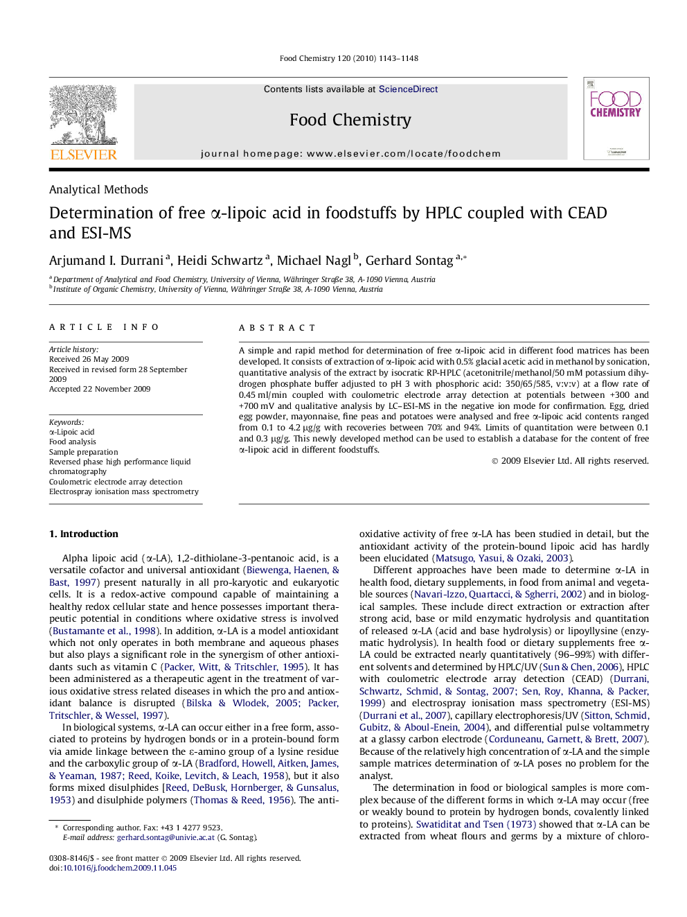 Determination of free α-lipoic acid in foodstuffs by HPLC coupled with CEAD and ESI-MS