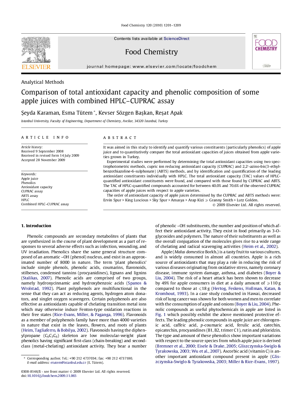 Comparison of total antioxidant capacity and phenolic composition of some apple juices with combined HPLC–CUPRAC assay