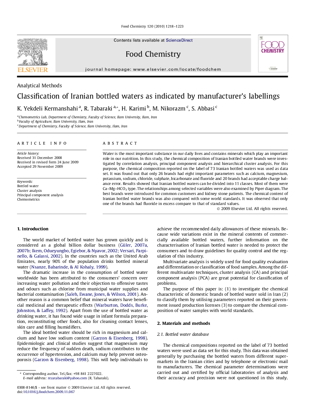 Classification of Iranian bottled waters as indicated by manufacturer’s labellings