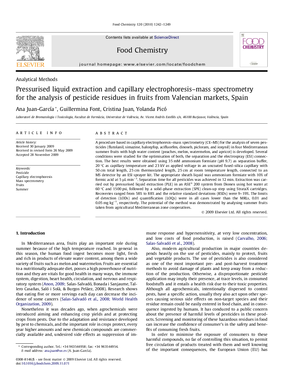 Pressurised liquid extraction and capillary electrophoresis–mass spectrometry for the analysis of pesticide residues in fruits from Valencian markets, Spain