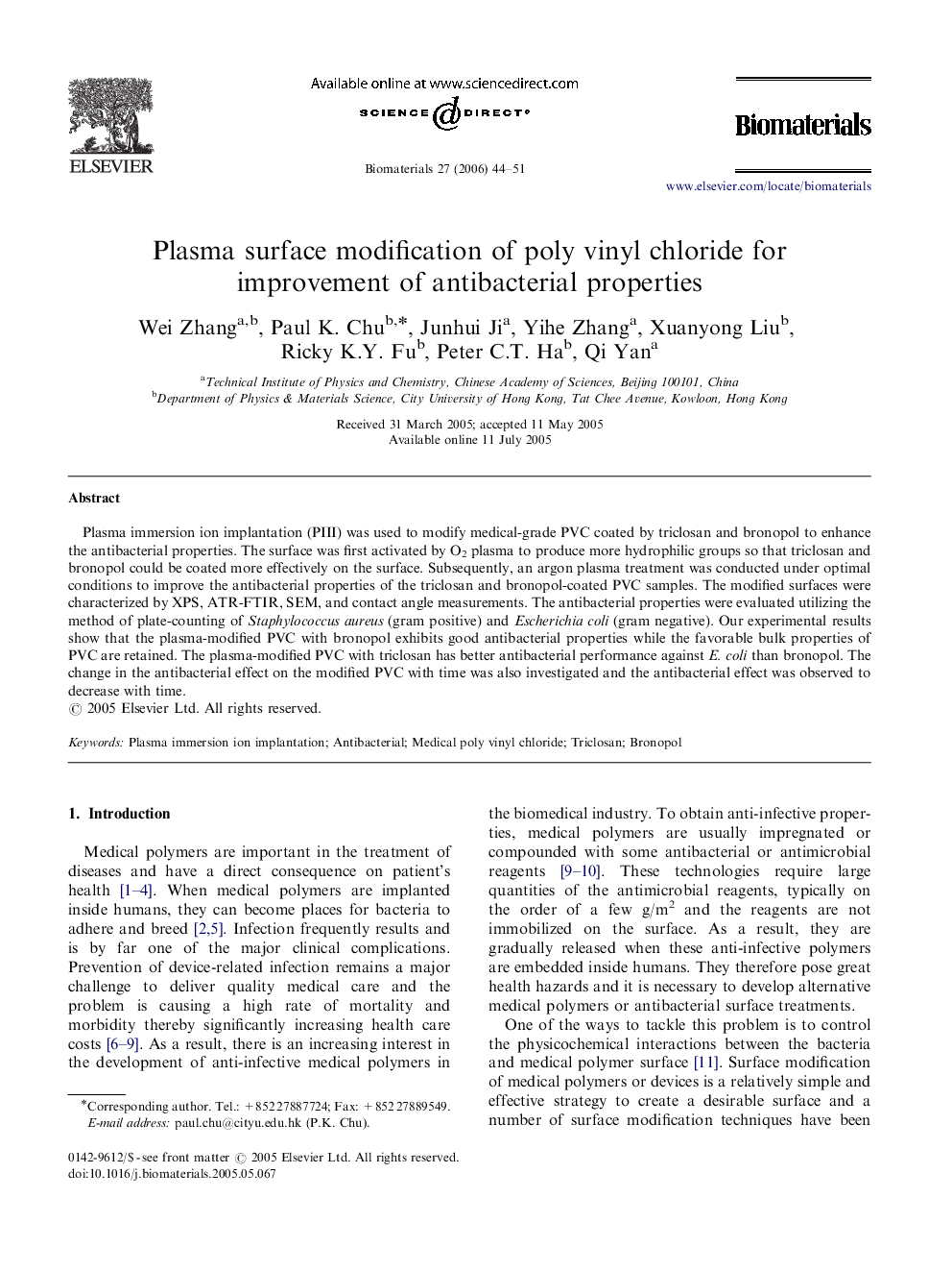 Plasma surface modification of poly vinyl chloride for improvement of antibacterial properties