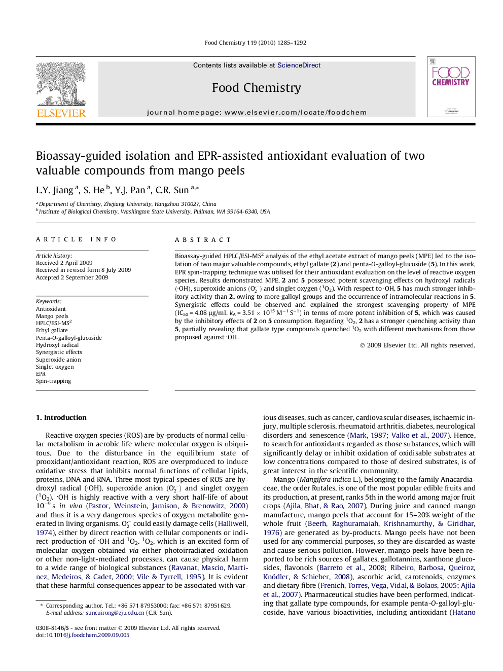 Bioassay-guided isolation and EPR-assisted antioxidant evaluation of two valuable compounds from mango peels