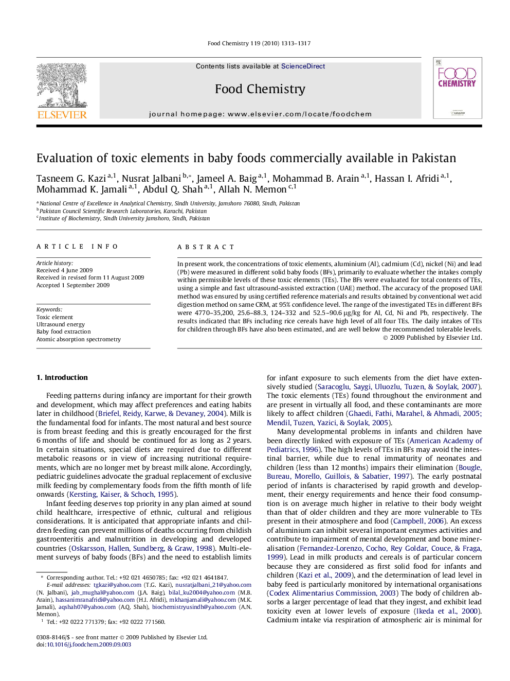 Evaluation of toxic elements in baby foods commercially available in Pakistan