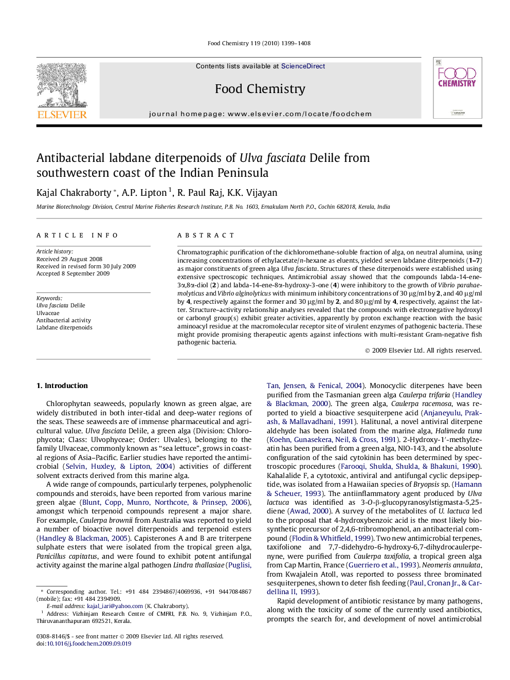 Antibacterial labdane diterpenoids of Ulva fasciata Delile from southwestern coast of the Indian Peninsula