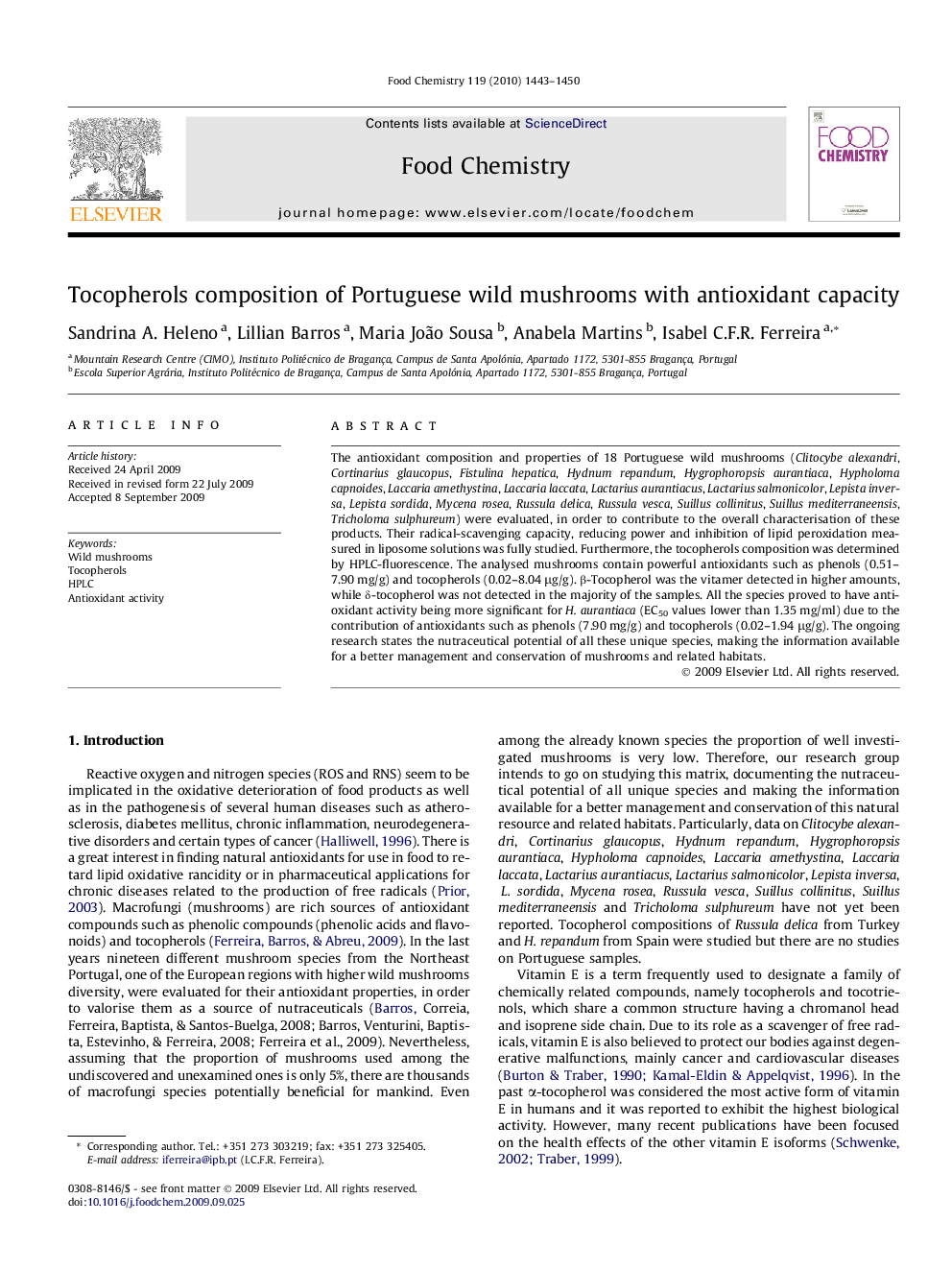 Tocopherols composition of Portuguese wild mushrooms with antioxidant capacity