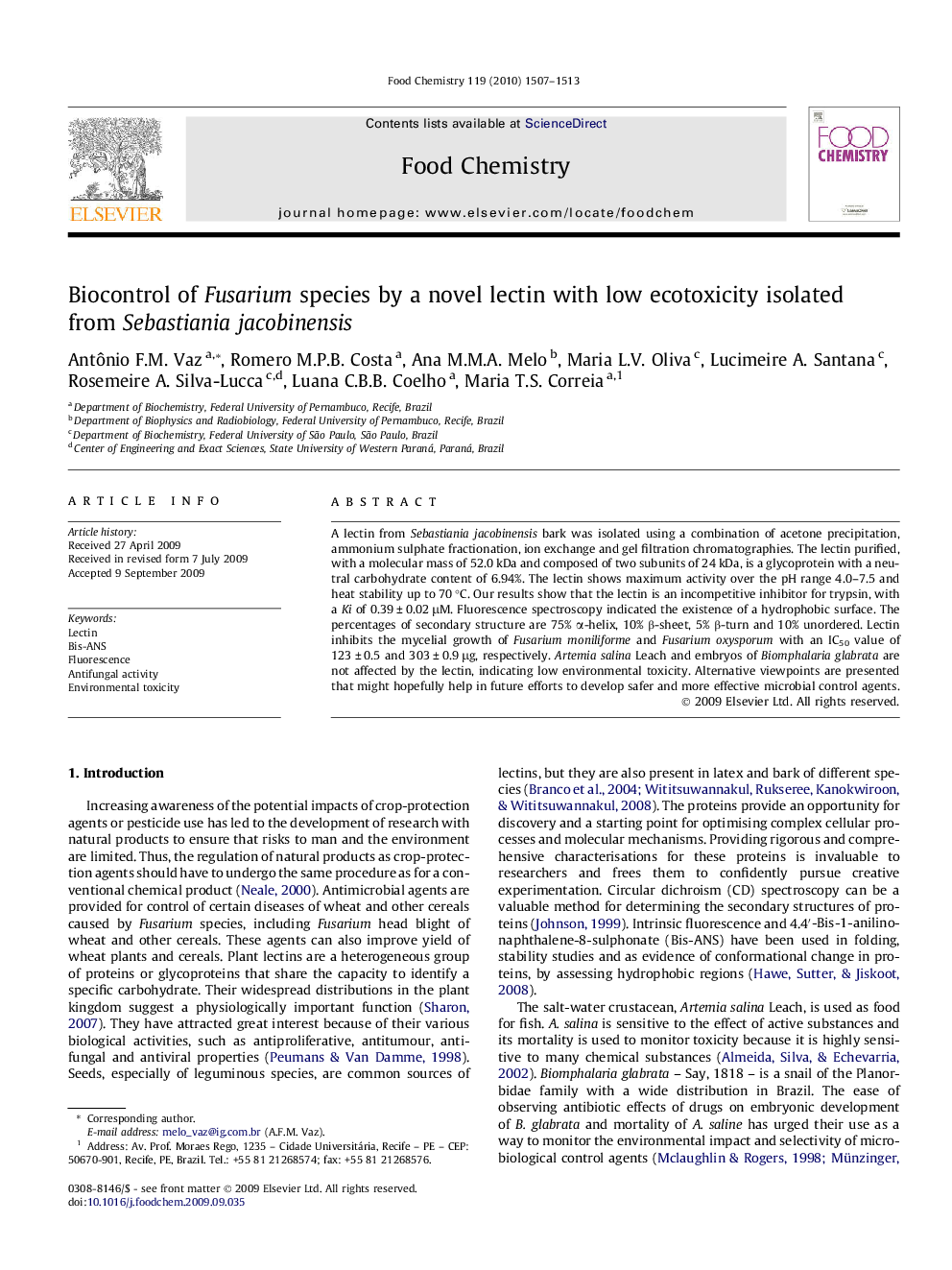 Biocontrol of Fusarium species by a novel lectin with low ecotoxicity isolated from Sebastiania jacobinensis