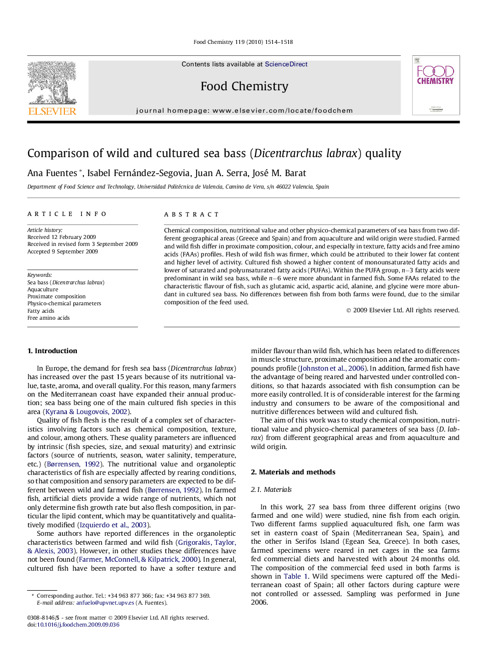 عکس صفحه اول مقاله: Comparison of wild and cultured sea bass (Dicentrarchus labrax) quality Comparison of wild and cultured sea bass (Dicentrarchus labrax) quality