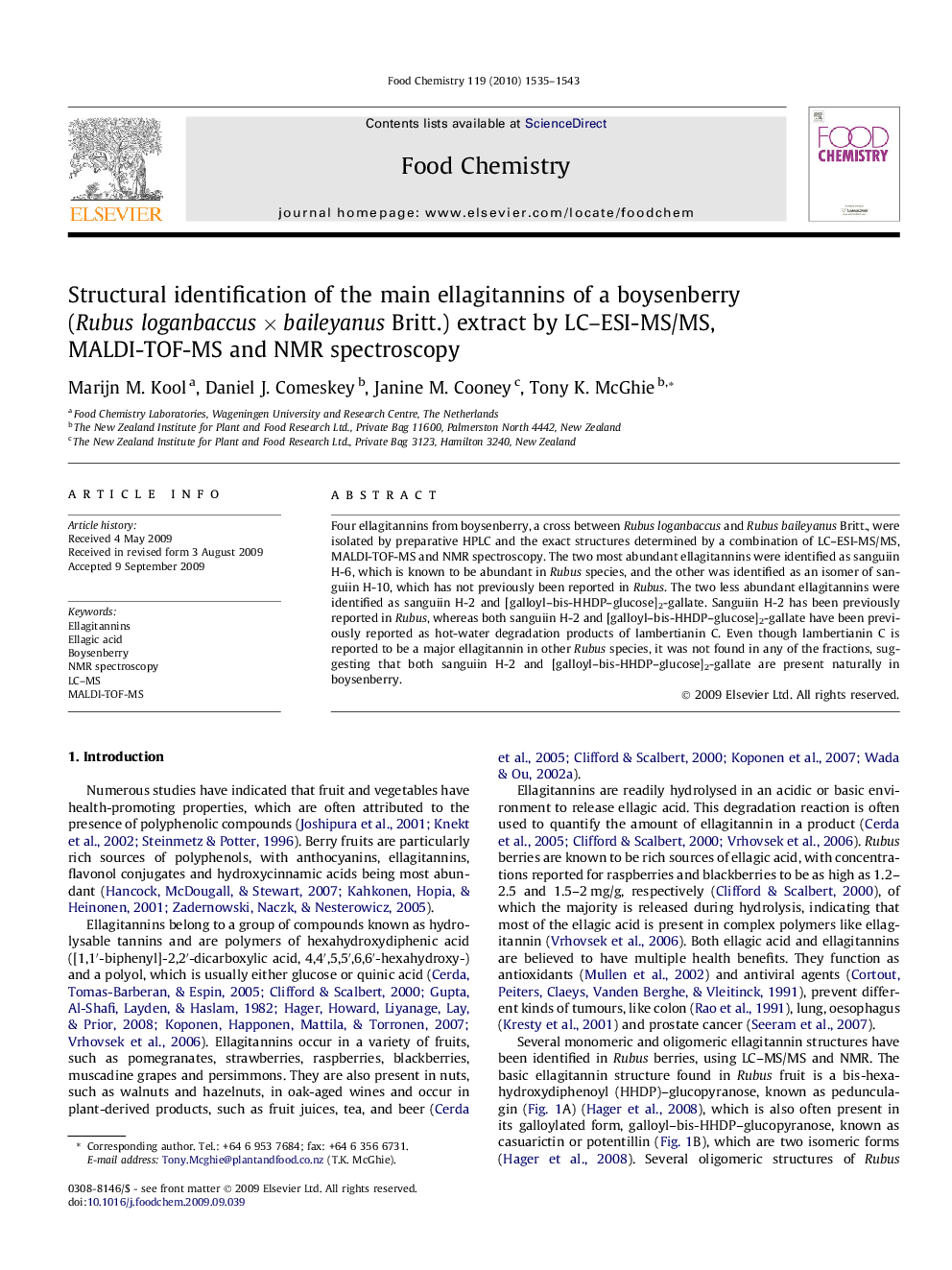 Structural identification of the main ellagitannins of a boysenberry (Rubus loganbaccus × baileyanus Britt.) extract by LC–ESI-MS/MS, MALDI-TOF-MS and NMR spectroscopy