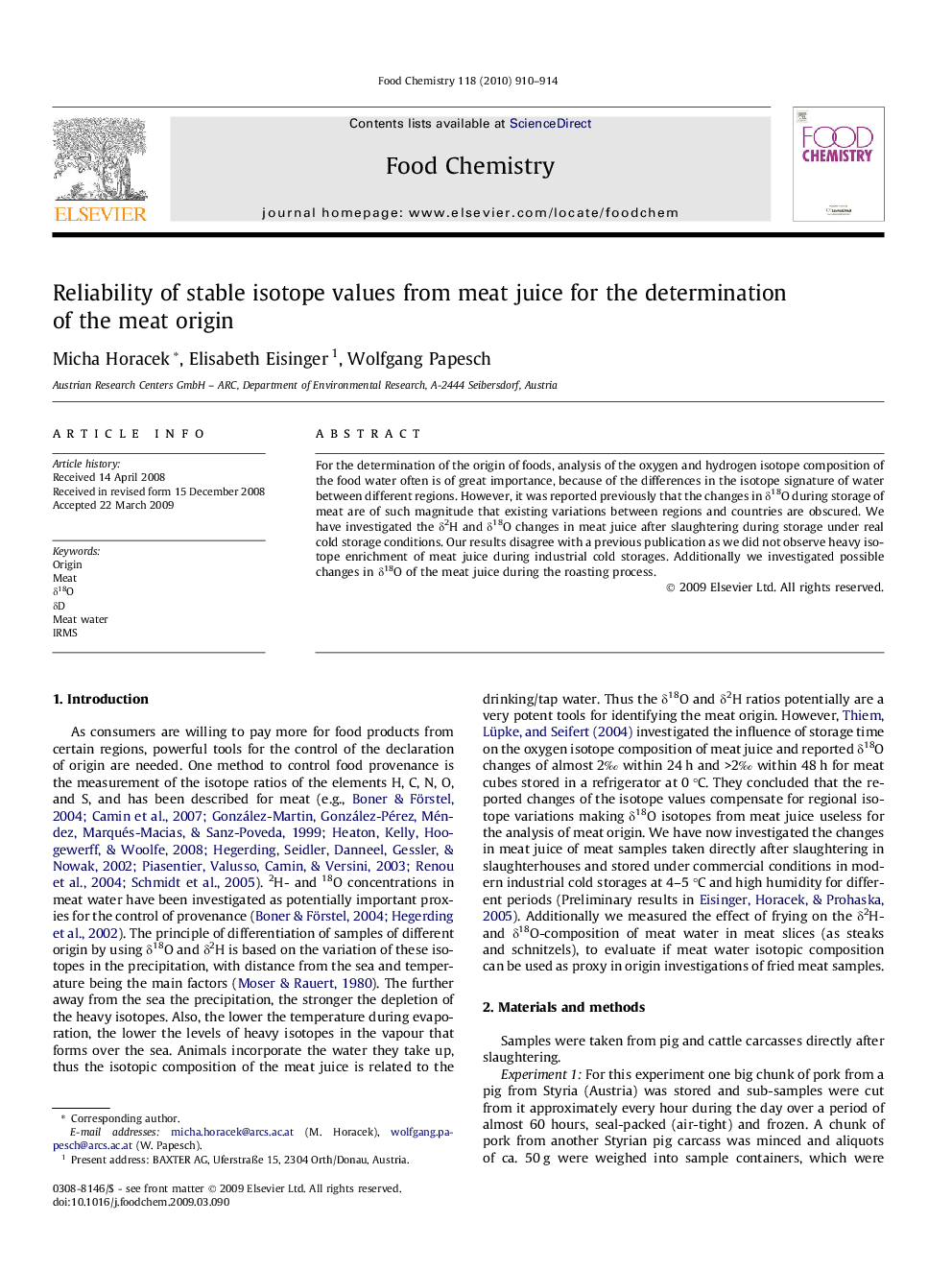 Reliability of stable isotope values from meat juice for the determination of the meat origin