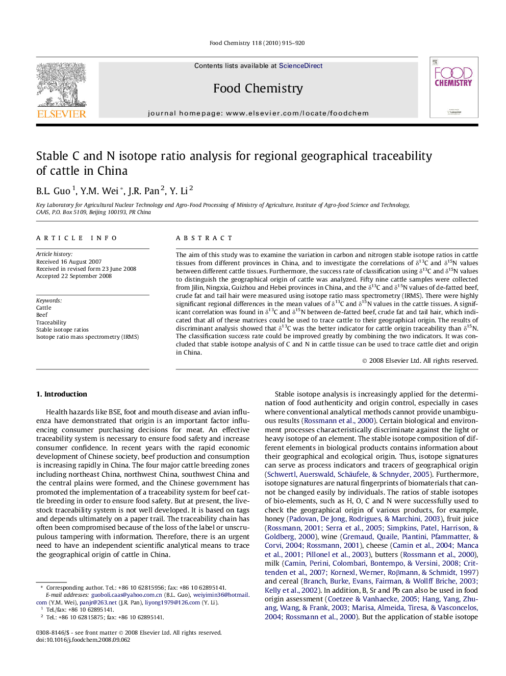 Stable C and N isotope ratio analysis for regional geographical traceability of cattle in China