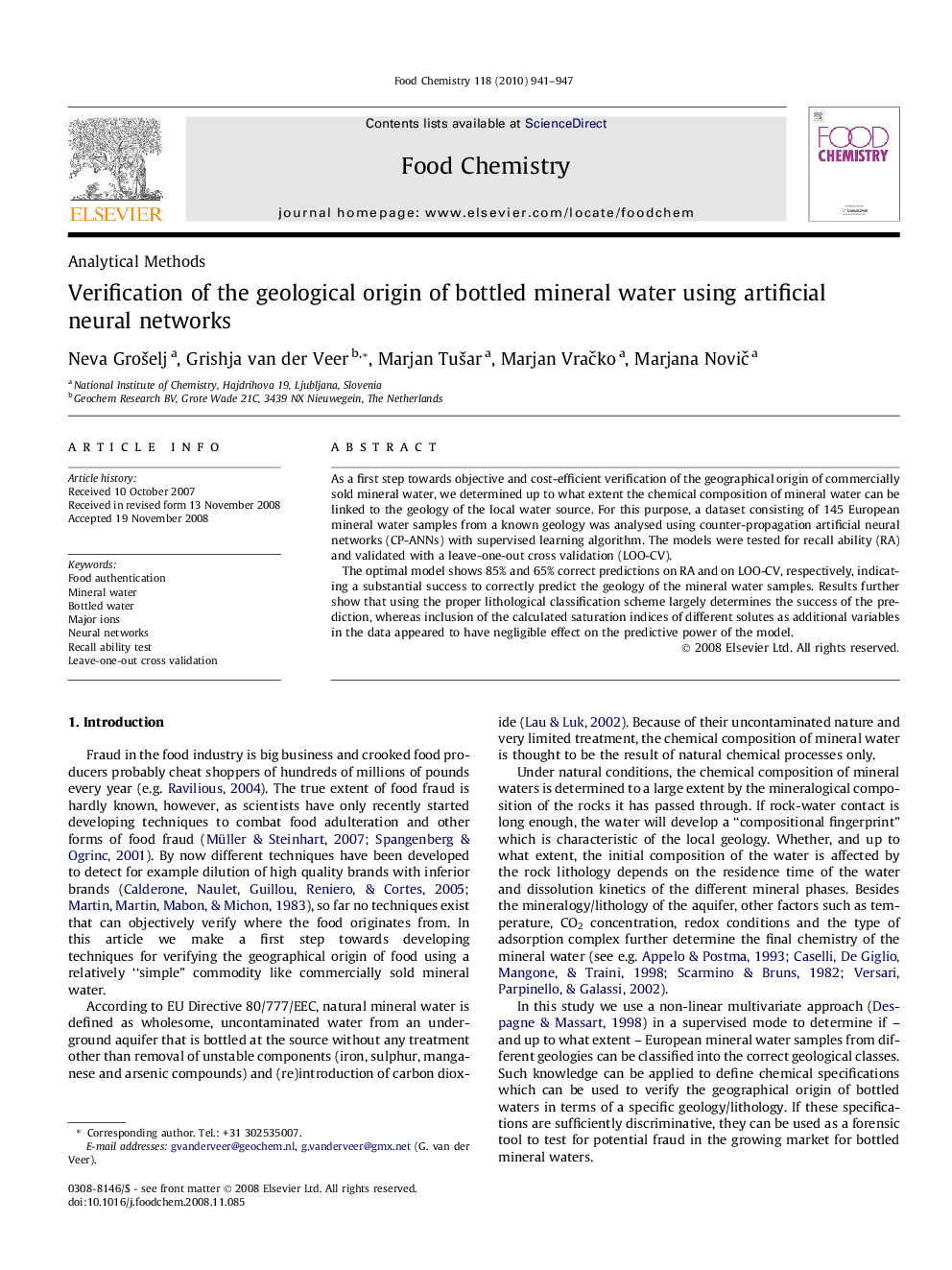 Verification of the geological origin of bottled mineral water using artificial neural networks