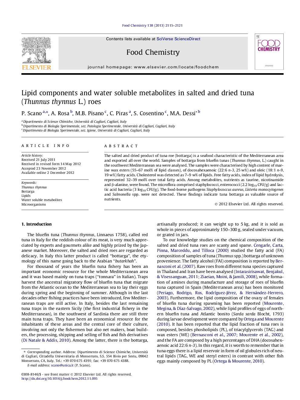 Lipid components and water soluble metabolites in salted and dried tuna (Thunnus thynnus L.) roes