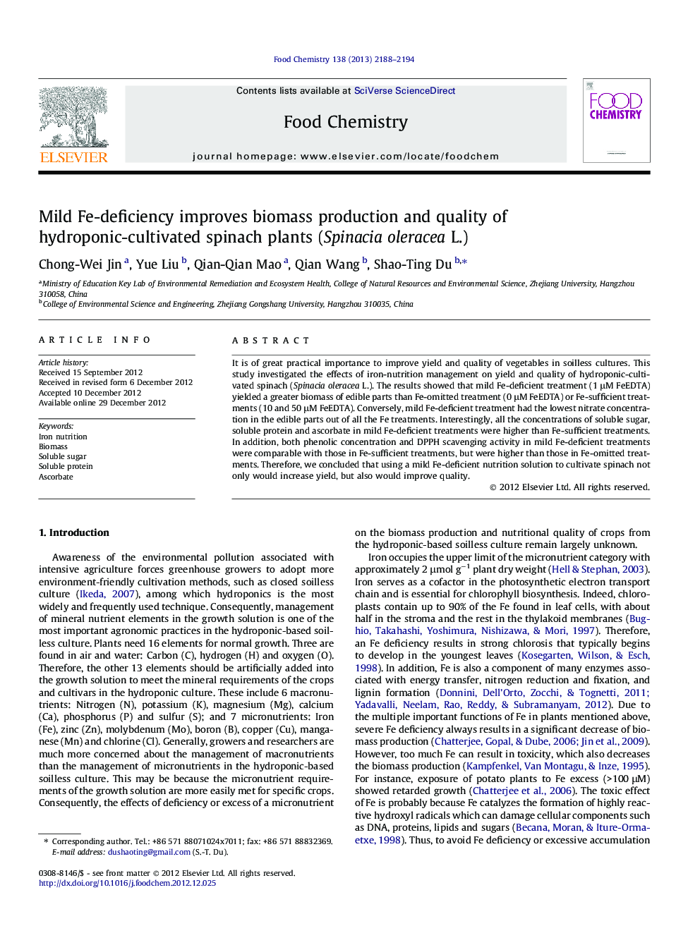 Mild Fe-deficiency improves biomass production and quality of hydroponic-cultivated spinach plants (Spinacia oleracea L.)