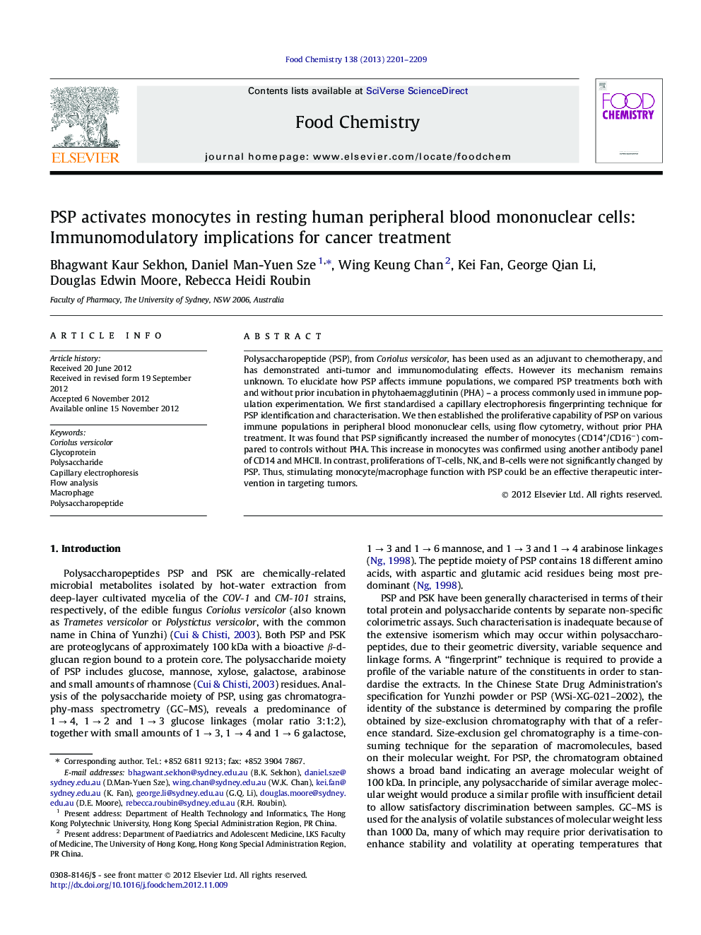 PSP activates monocytes in resting human peripheral blood mononuclear cells: Immunomodulatory implications for cancer treatment