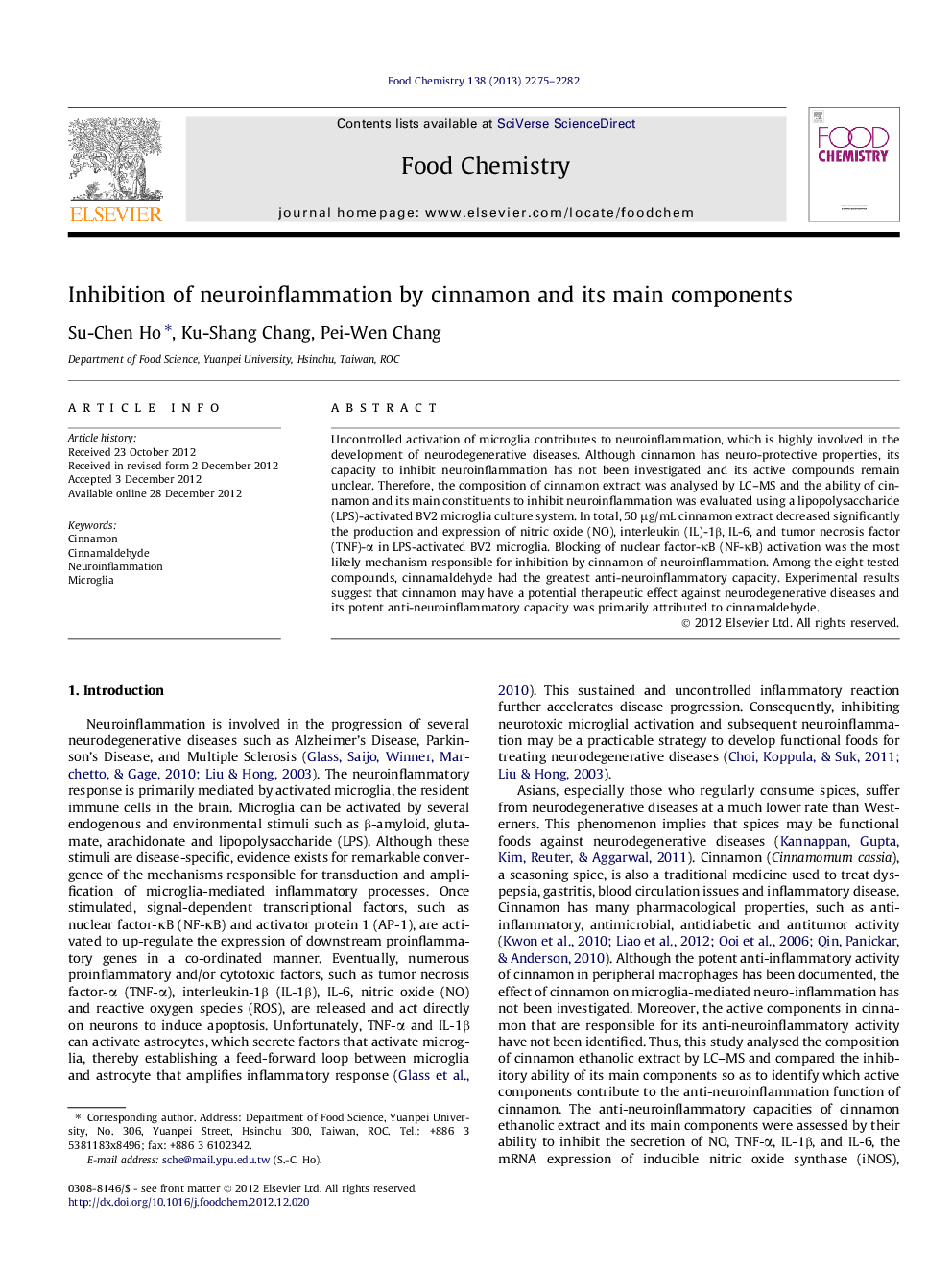 Inhibition of neuroinflammation by cinnamon and its main components